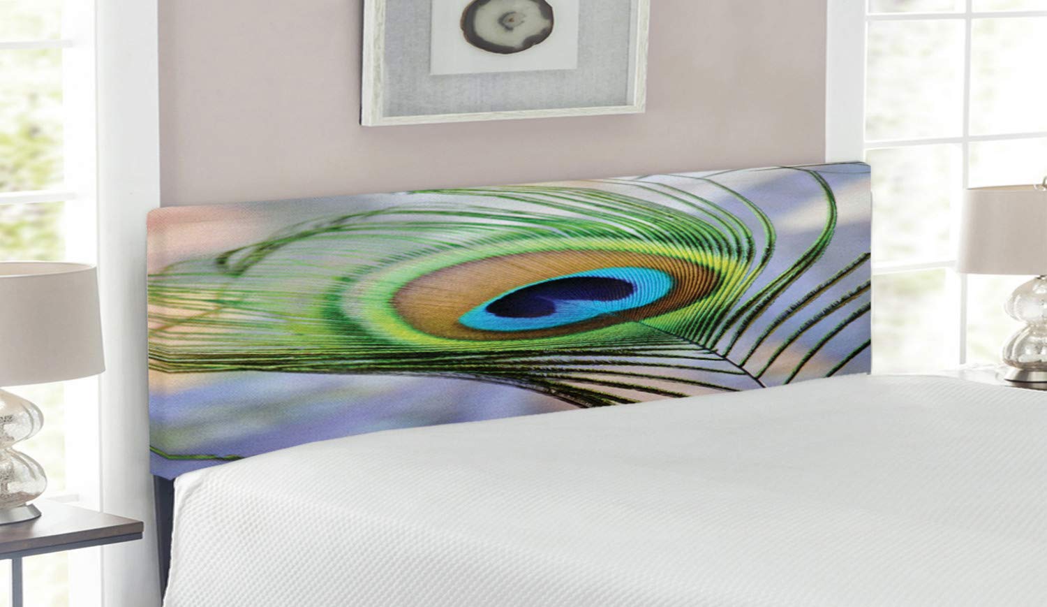 Ambesonne Queen Size Upholstered Metal Headboard with Memory Foam - Peacock, Tropical Birds & Feather Wildlife Colorful Nature Print - Decorative Bed Headboard for Master Bedroom, Guest Room & Dorm