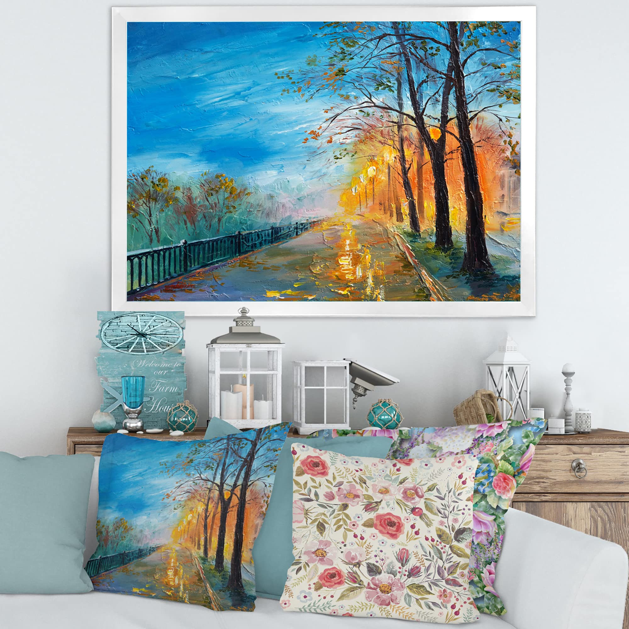 Autumn Road Evening Landscape Painting - Traditional Framed Wall Art Decor for Living Room, Bedroom & Office