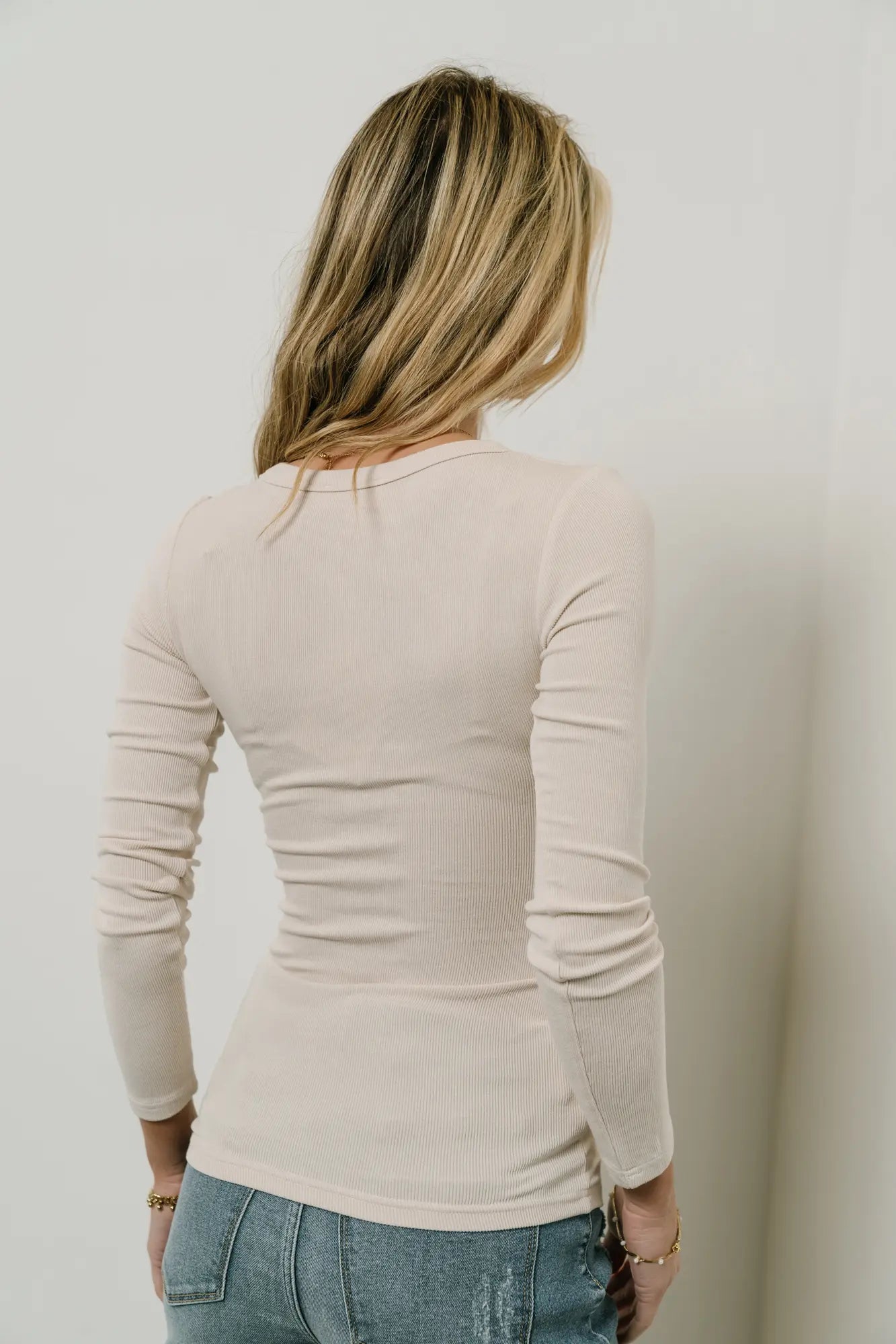 Harmony Ribbed Top in Bone - Women's Slim Fit Knit Shirt for Casual Wear & Layering - FINAL SALE