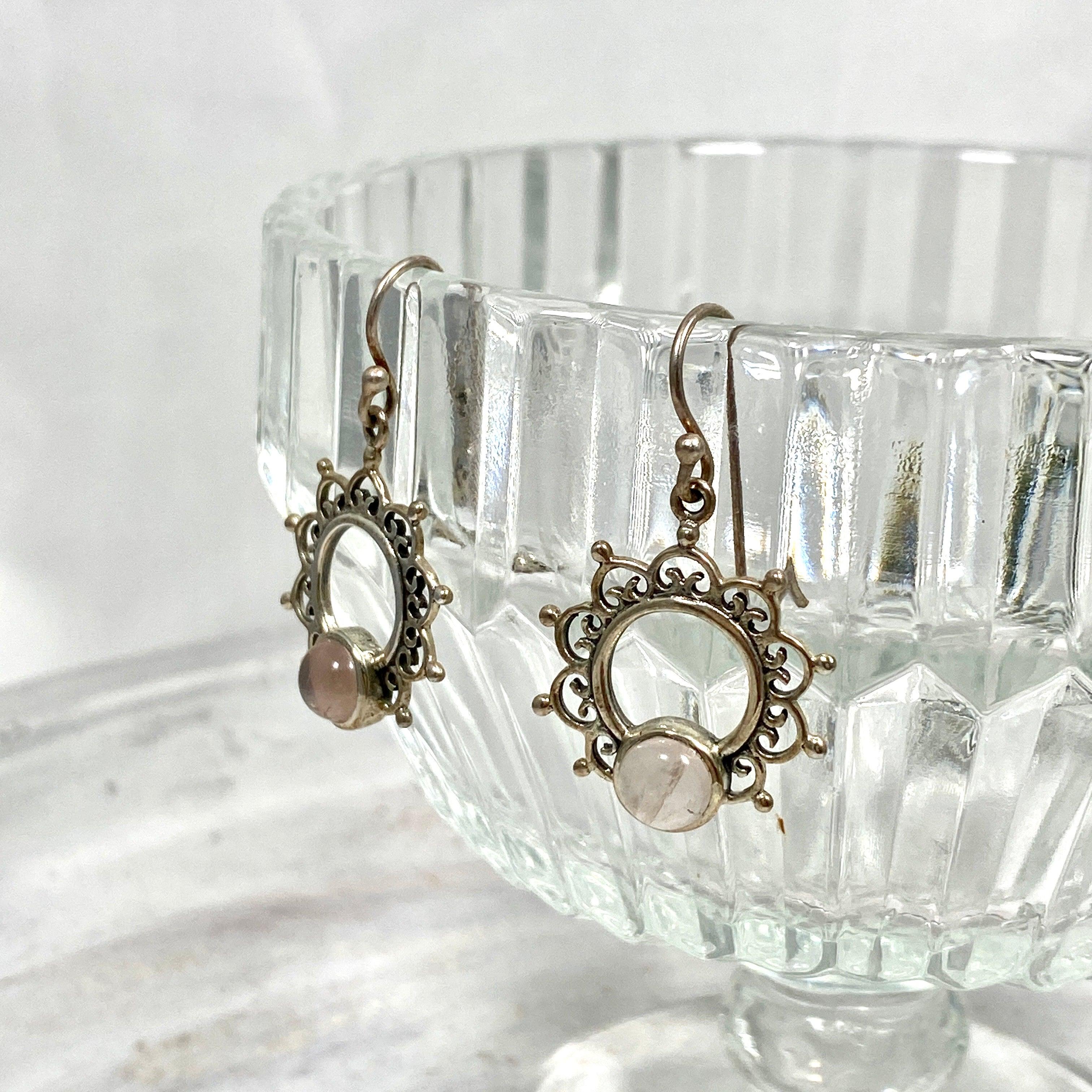 Boho Mandala Rose Quartz Cabochon Earrings for Women - Handmade Dangle Drop Earrings for Yoga, Meditation & Boho Fashion (KEGJ563)