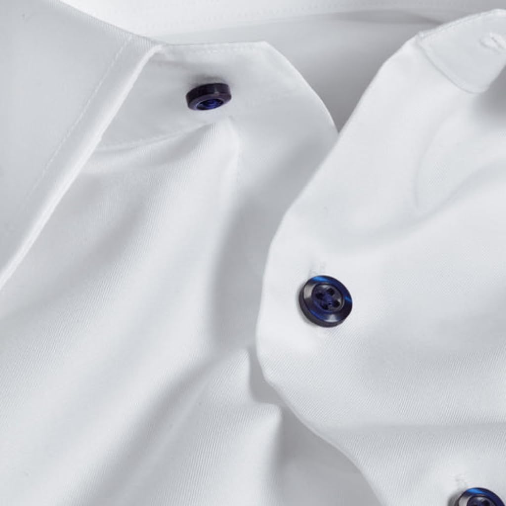 Men's Slim Fit Long Sleeve Dress Shirt - White Fine Twill with Blue Buttons, 15.5