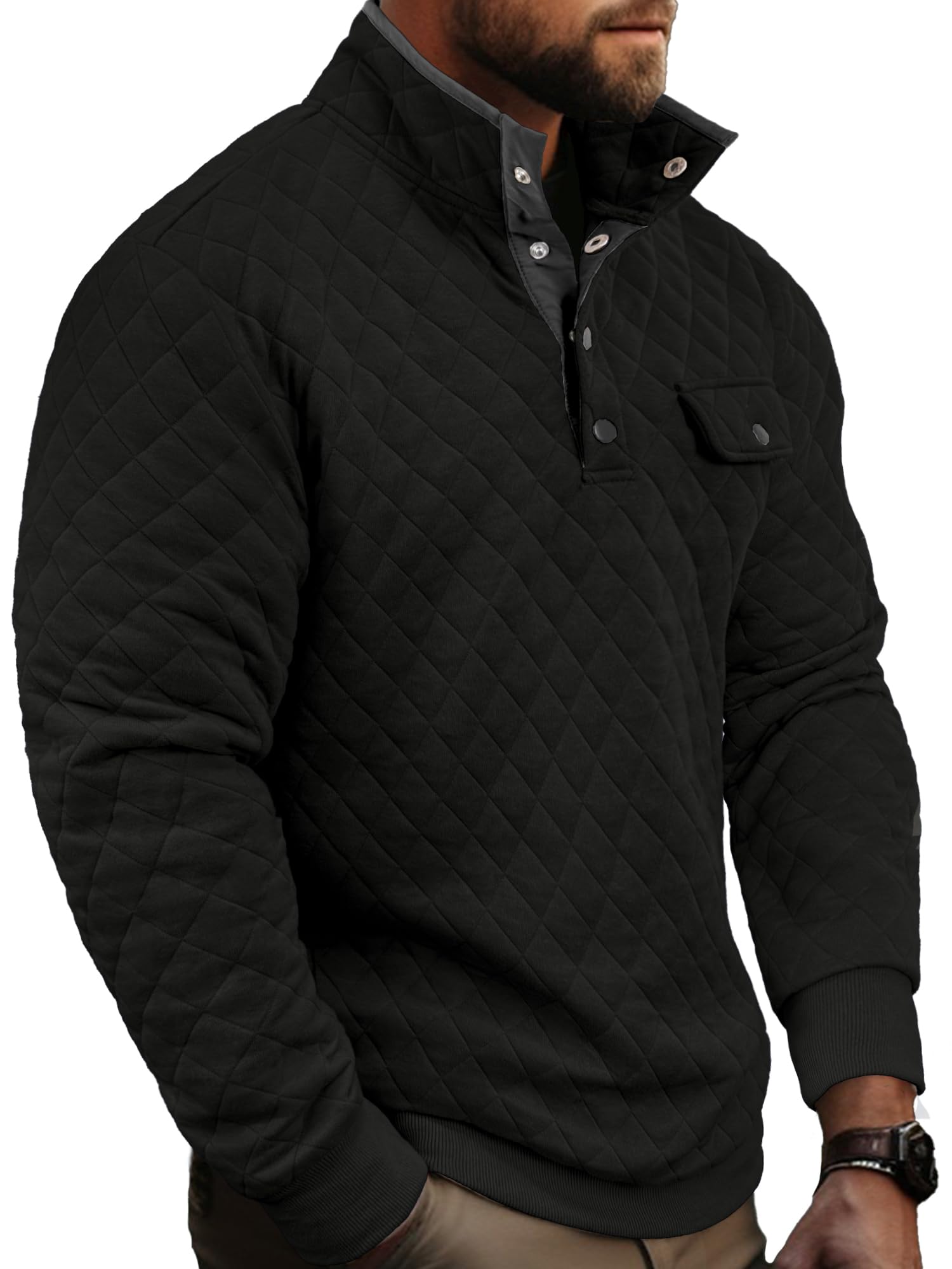 PLEPAN Men's Quilted Long Sleeve Button-Up Sweatshirt - Casual Stand Collar Pullover for Fall & Winter - Perfect for Outdoor Activities, Work & Daily Wear
