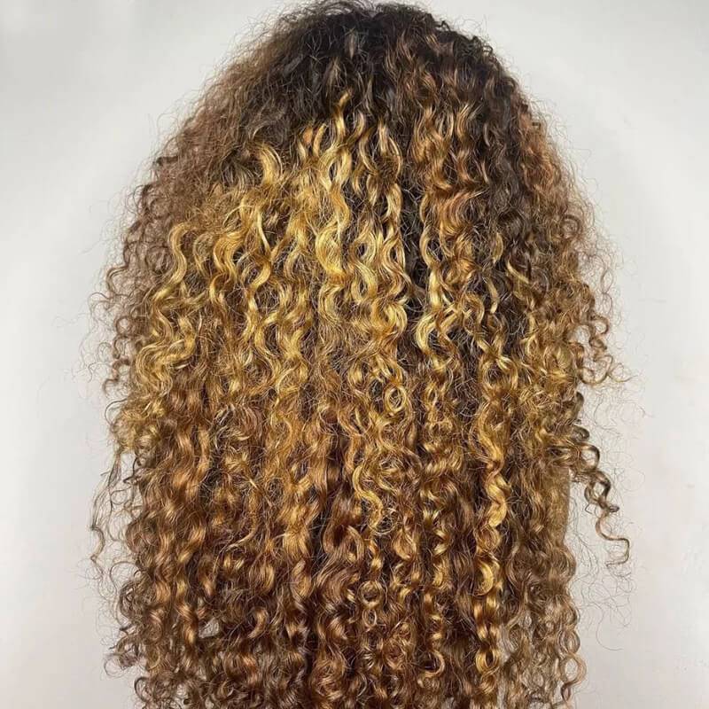 Eullair Ombre 1B/30 Brown Highlights Curly Human Hair Wig with 1B Roots Lace Frontal - Natural Look for Cosplay, Daily Wear & Special Occasions