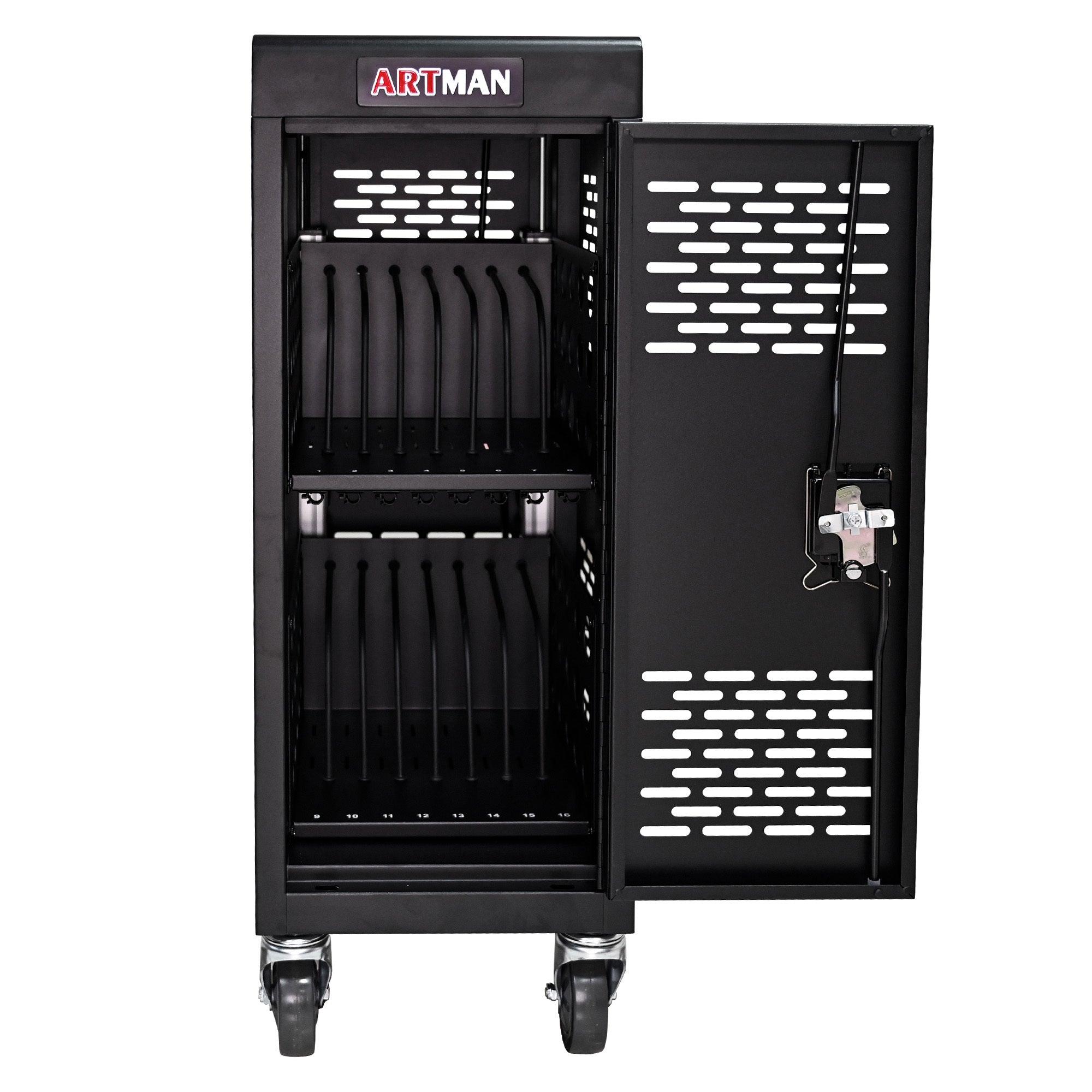 16-Compartment Locking Charging Station for Laptops & Chromebooks - Secure Black Storage Cabinet for Schools, Offices & Libraries