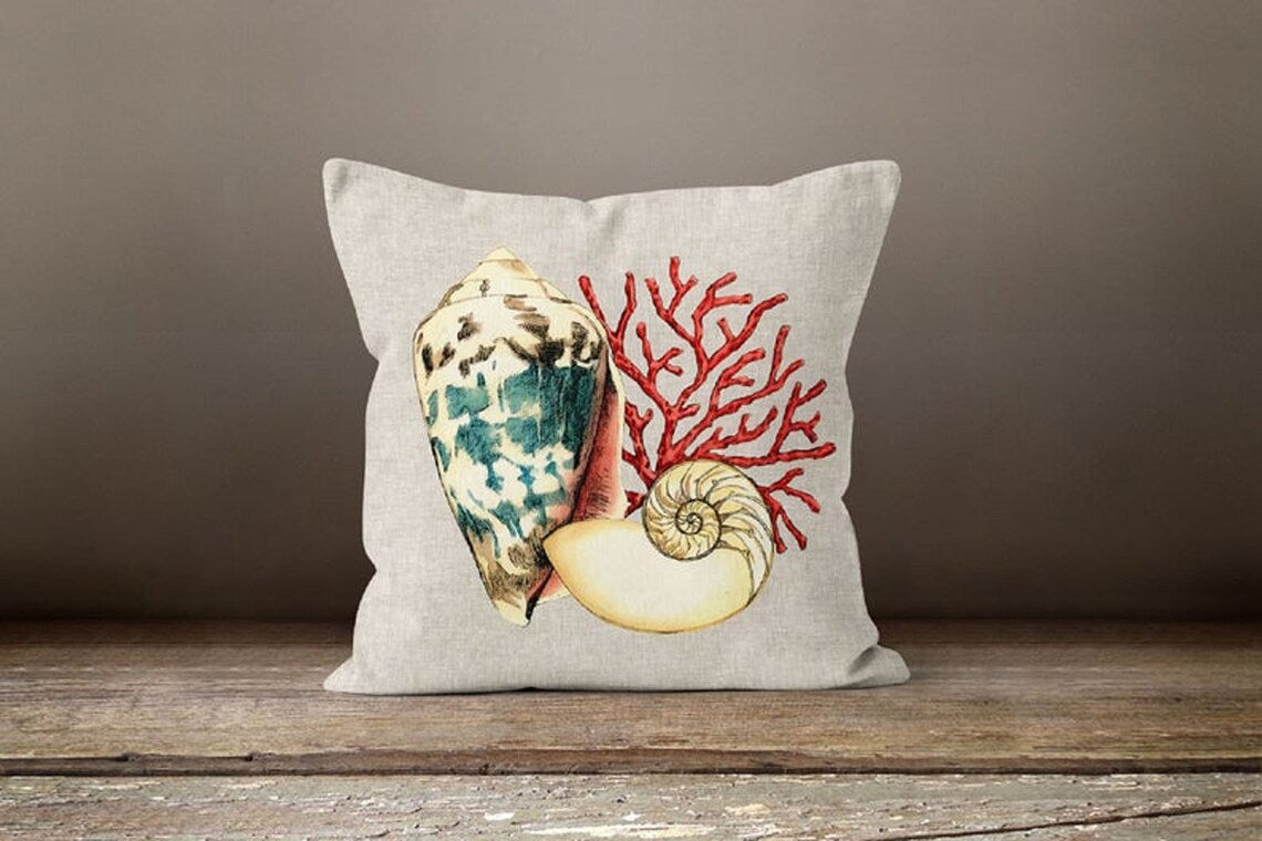 Coastal Conch Pillow Covers Set of 4 - Decorative Seashell Print Throw Pillow Cases for Beach House Decor, Living Room, Bedroom & Porch