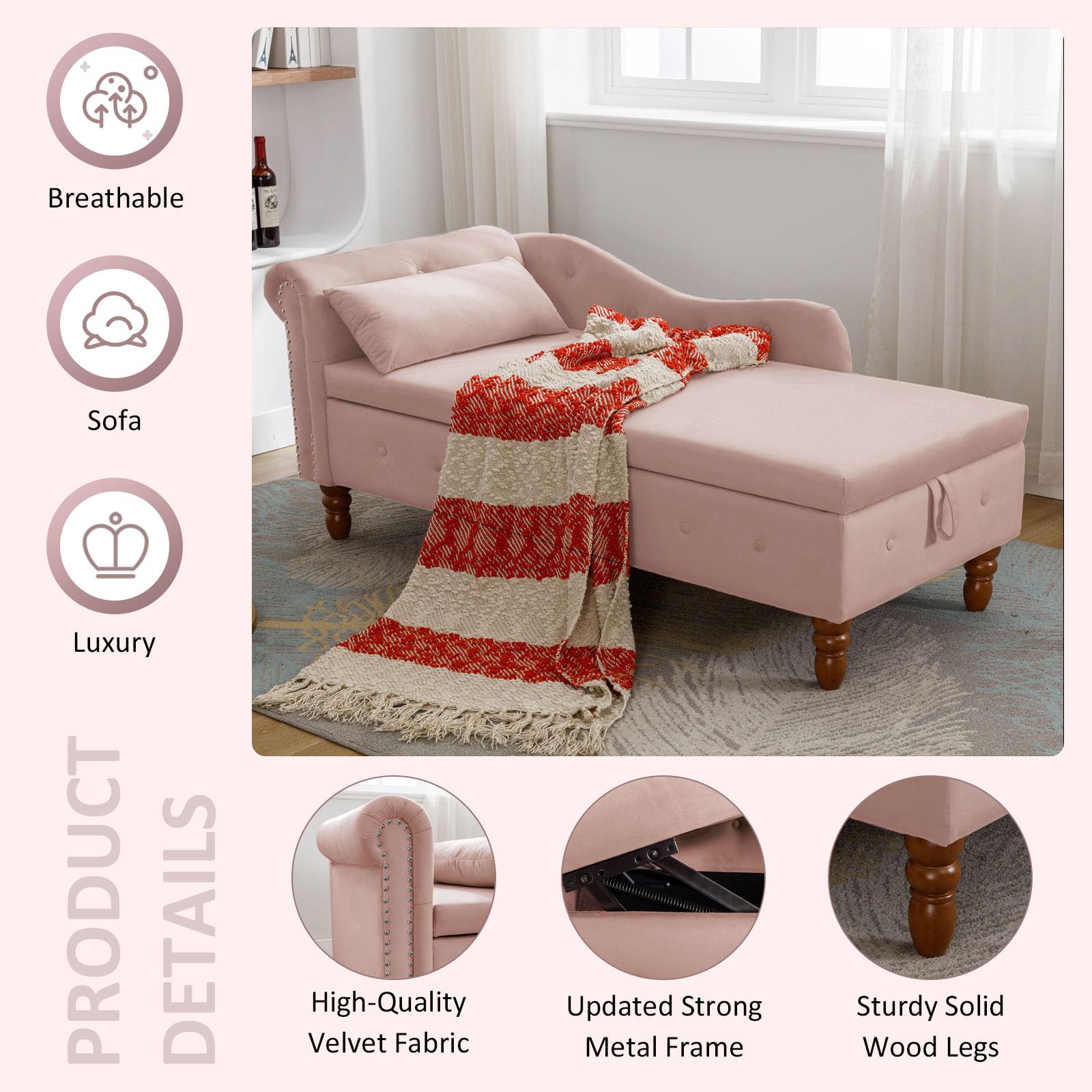 Velvet Chaise Lounge with Storage - Pink Sleeper Chair for Bedroom & Living Room