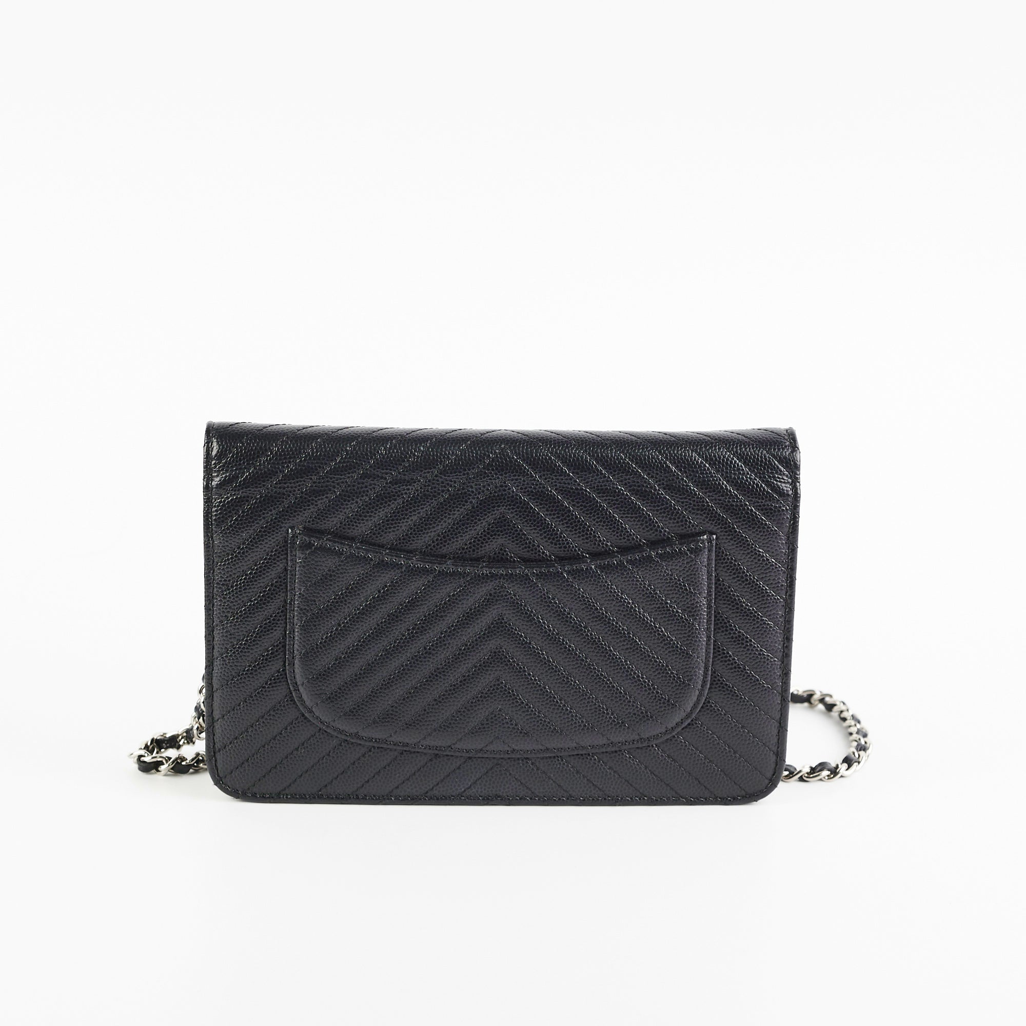 Chanel Caviar Leather Wallet on Chain WOC Chevron Quilted Crossbody Bag Black - Perfect for Evening Out & Daily Essentials