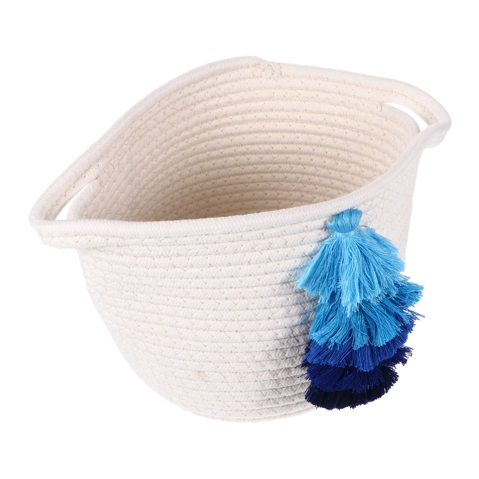 Hemoton Hand Woven Cotton Storage Basket - Decorative White Mini Basket with Tassel for Shelves, Baby Toys, Towels & Cosmetics Organization | Perfect for Nursery, Bathroom & Home Decor