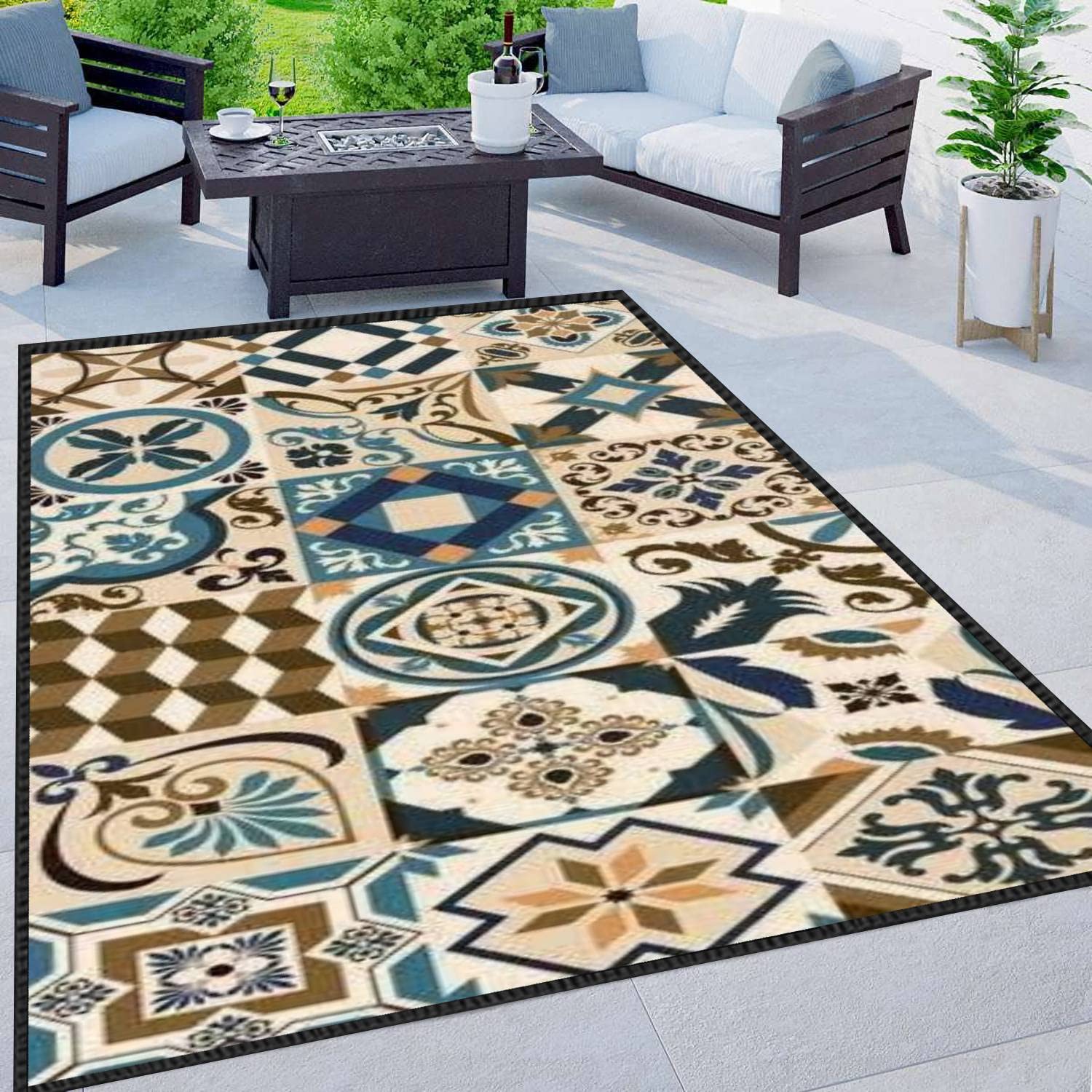 Lisbon Geometric Azulejo Tile Area Rug - Portuguese & Spanish Retro Design, Modern Abstract Soft Non-Slip Floor Carpet for Living Room, Bedroom, Kids Room | Indoor/Outdoor Use in Home Decor