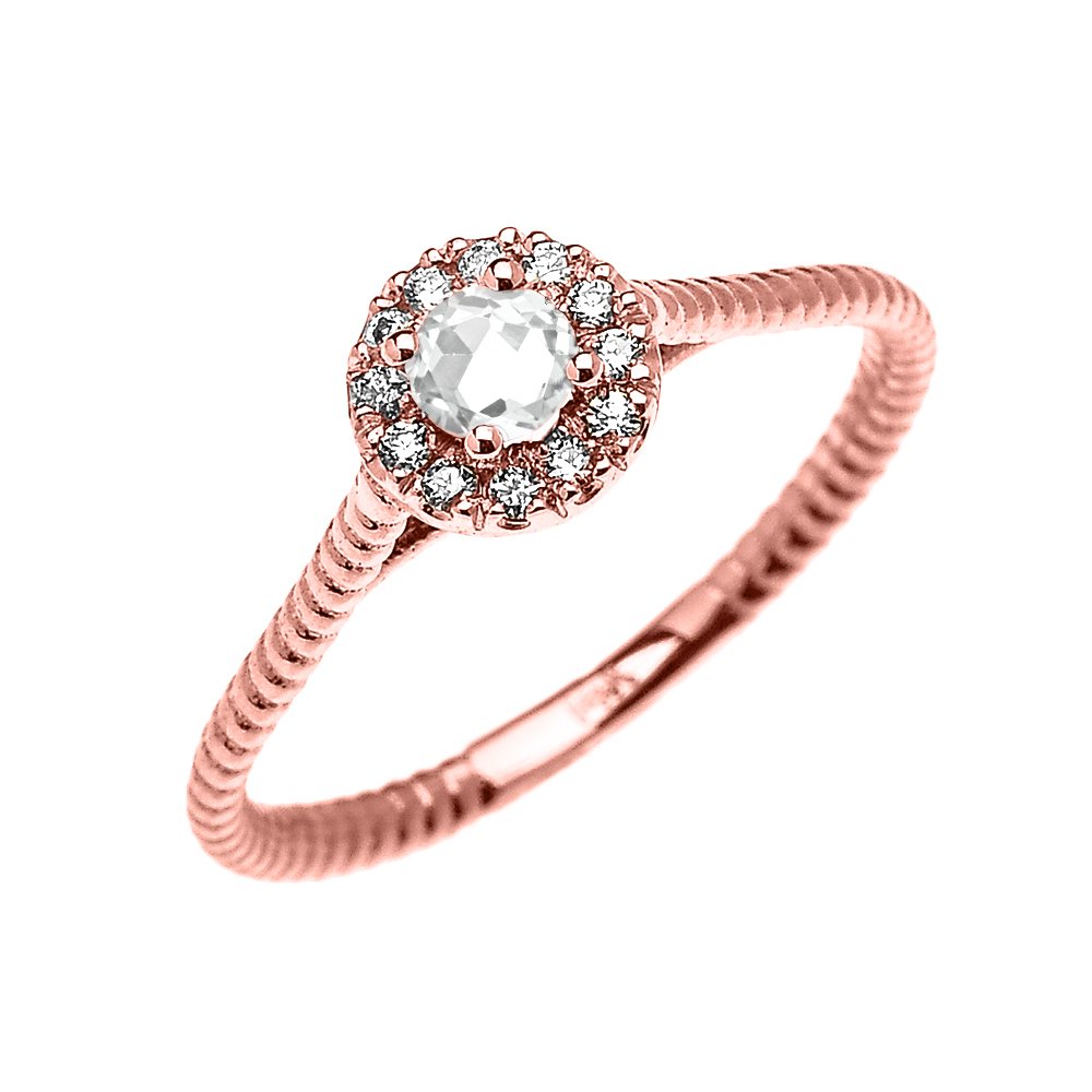 10K Rose Gold Dainty Halo Diamond & Solitaire White Topaz Rope Design Promise Ring for Women - Elegant Engagement, Wedding, Anniversary Gift for Her