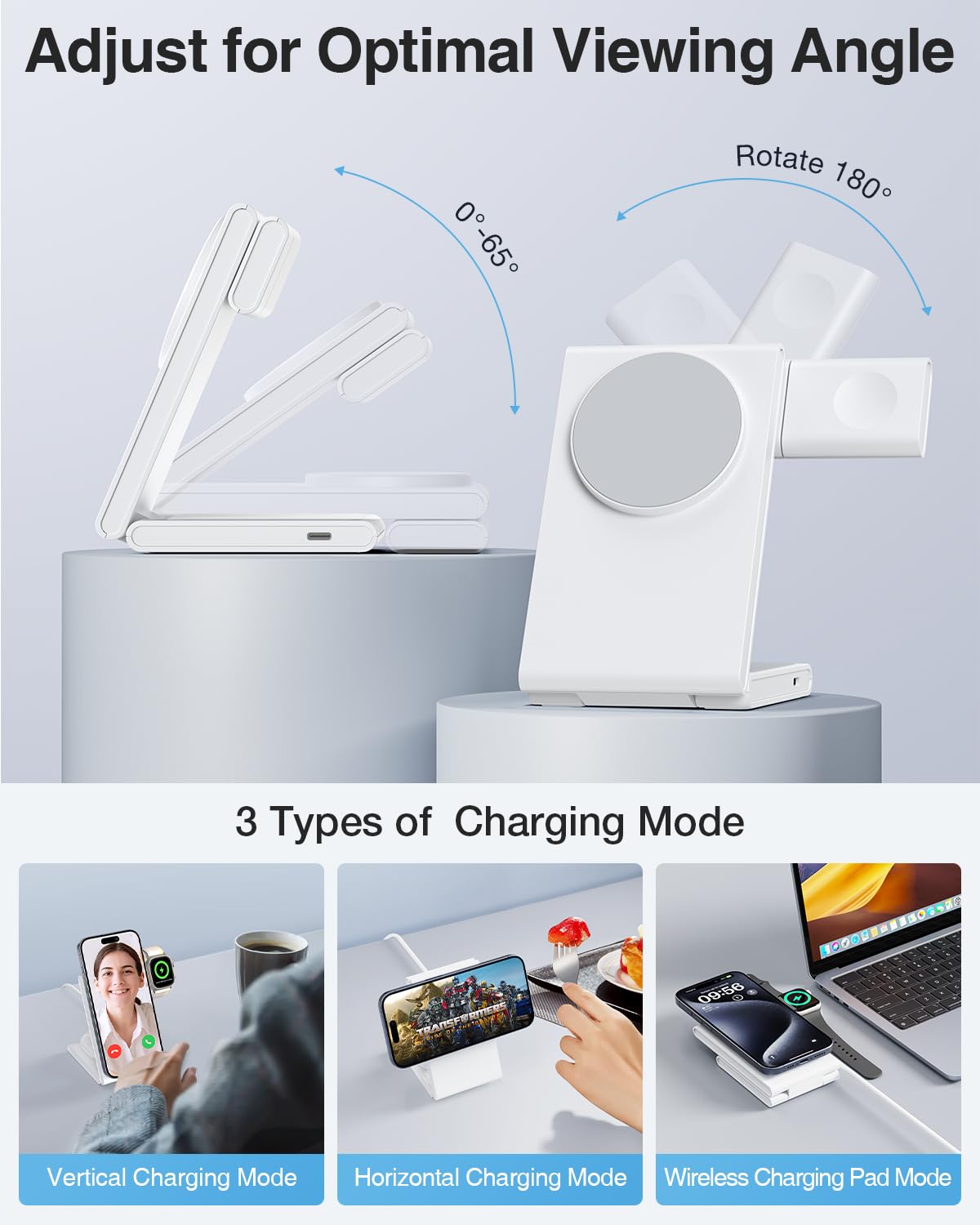 Meifigno 3-in-1 Foldable Magnetic Wireless Charging Station with 20W PD USB-C Adapter | Fast Charging Stand for iPhone 16/15/14/13/12 Pro/Max, Apple Watch Series 9/8/7/SE, AirPods Pro/3/2 | Perfect for Home, Office & Travel | Space Gray