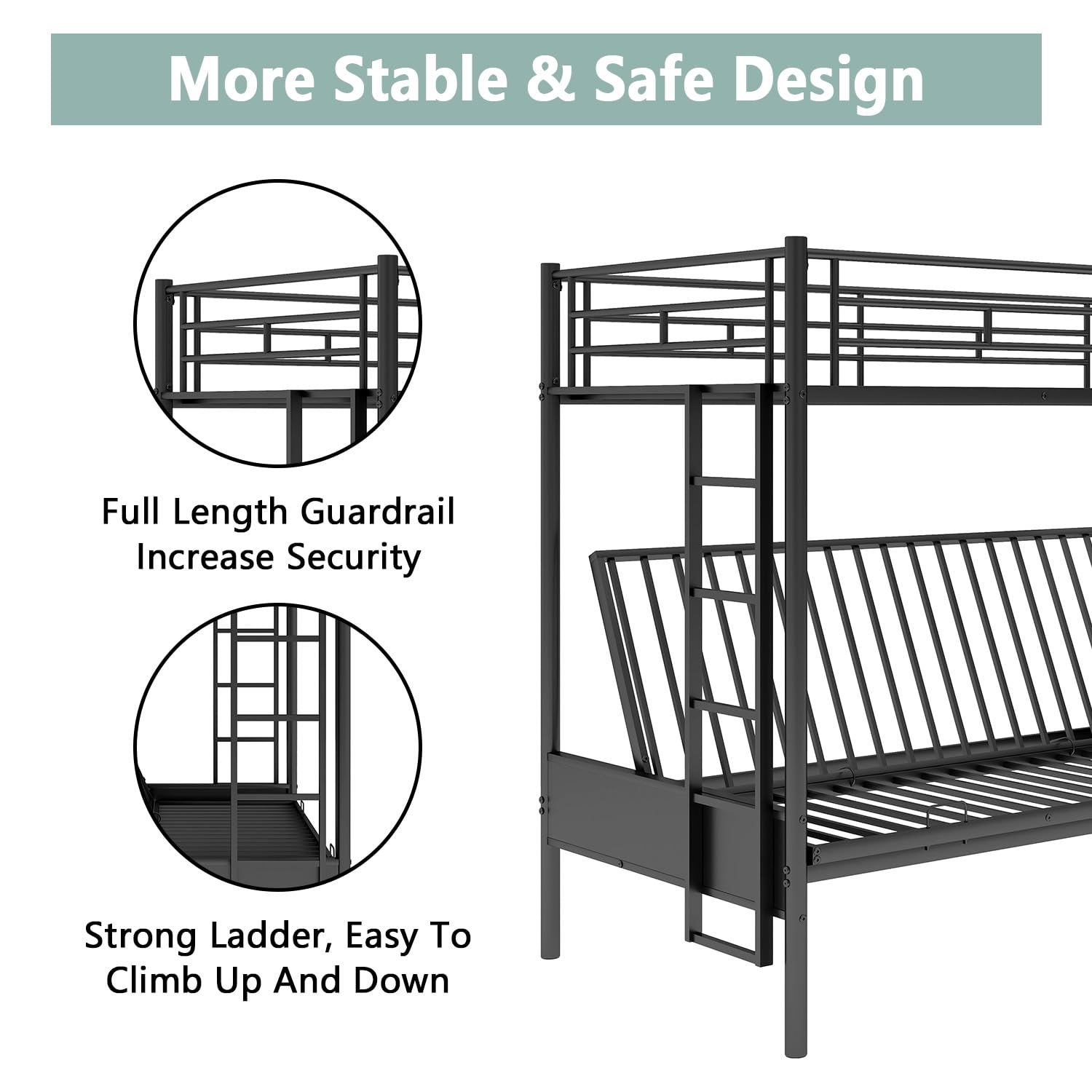 Convertible Twin Over Full Bunk Bed with Steel Frame - Sturdy Metal Bunk Bed with Guard Rail & Ladder for Kids, Teens & Adults - Space-Saving Black Bed Frame for Small Rooms, Guest Rooms & Dormitories