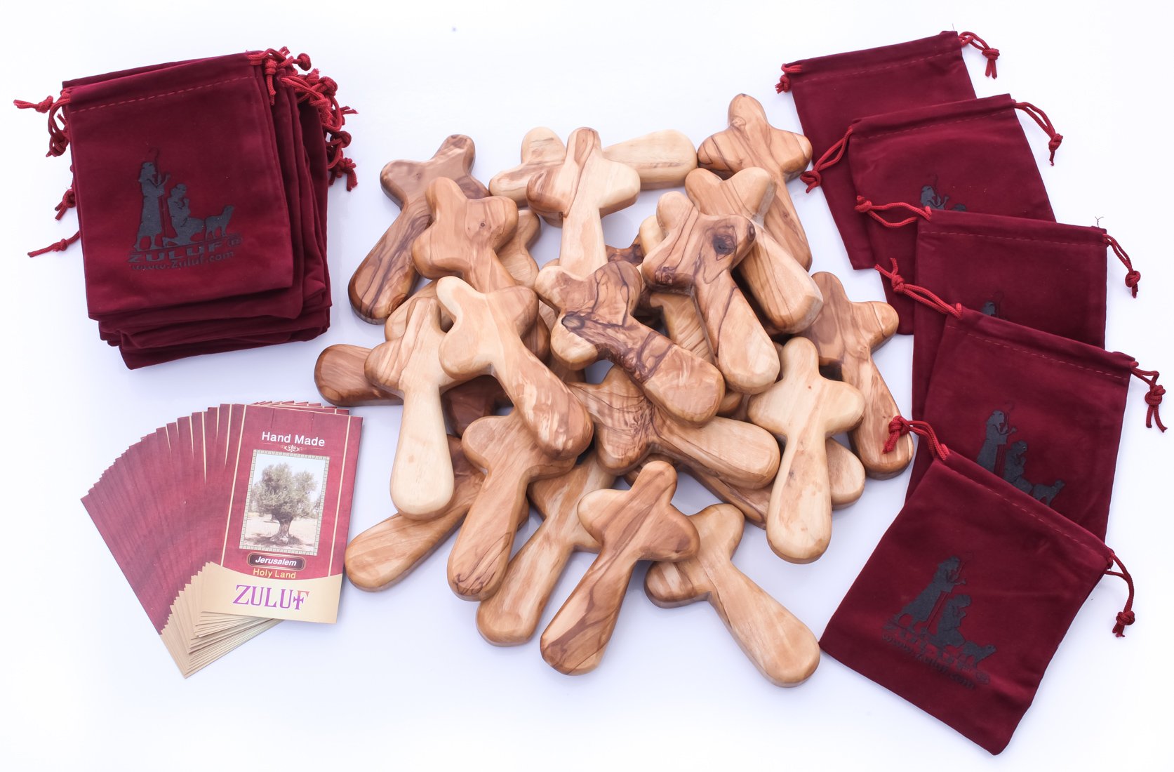 25 Pack Olive Wood Comfort Crosses with Gift Bags & Holy Land Certificates - 4.2 Inch Bethlehem Prayer Crosses for Church, Home Worship & Spiritual Gifts - Bulk Religious Wooden Holding Crosses for Meditation & Comfort