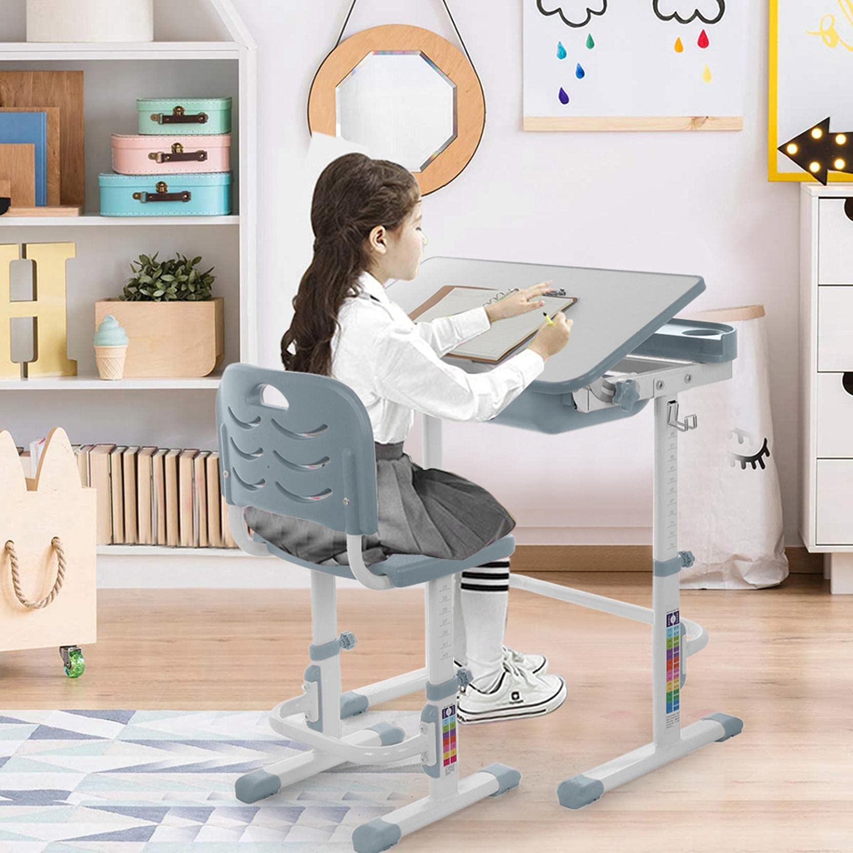 Adjustable Kids Desk and Chair Set - Ergonomic Study Desk for Children with Height Adjustable Design, Perfect for School, Homework & Learning at Home - Gray Writing Desk & Chair Combo for Boys & Girls