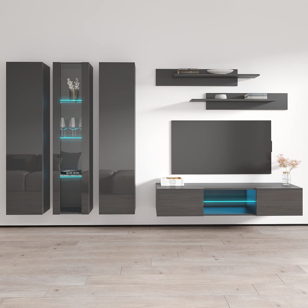 Modern Wall-Mounted TV Stand with Storage Shelves & LED Lights - Meble Fly C33 Entertainment Center for Bedroom & Living Room - Space-Saving Gray TV Console (Perfect for Small Apartments & Home Theater Setups)