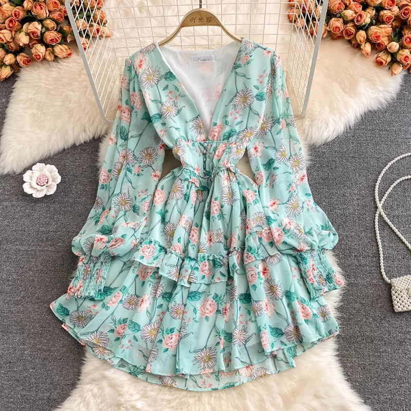 Autumn Fairy V-Neck Ruffled Floral Chiffon Dress for Women - Elegant Party, Wedding Guest & Special Occasion Outfit