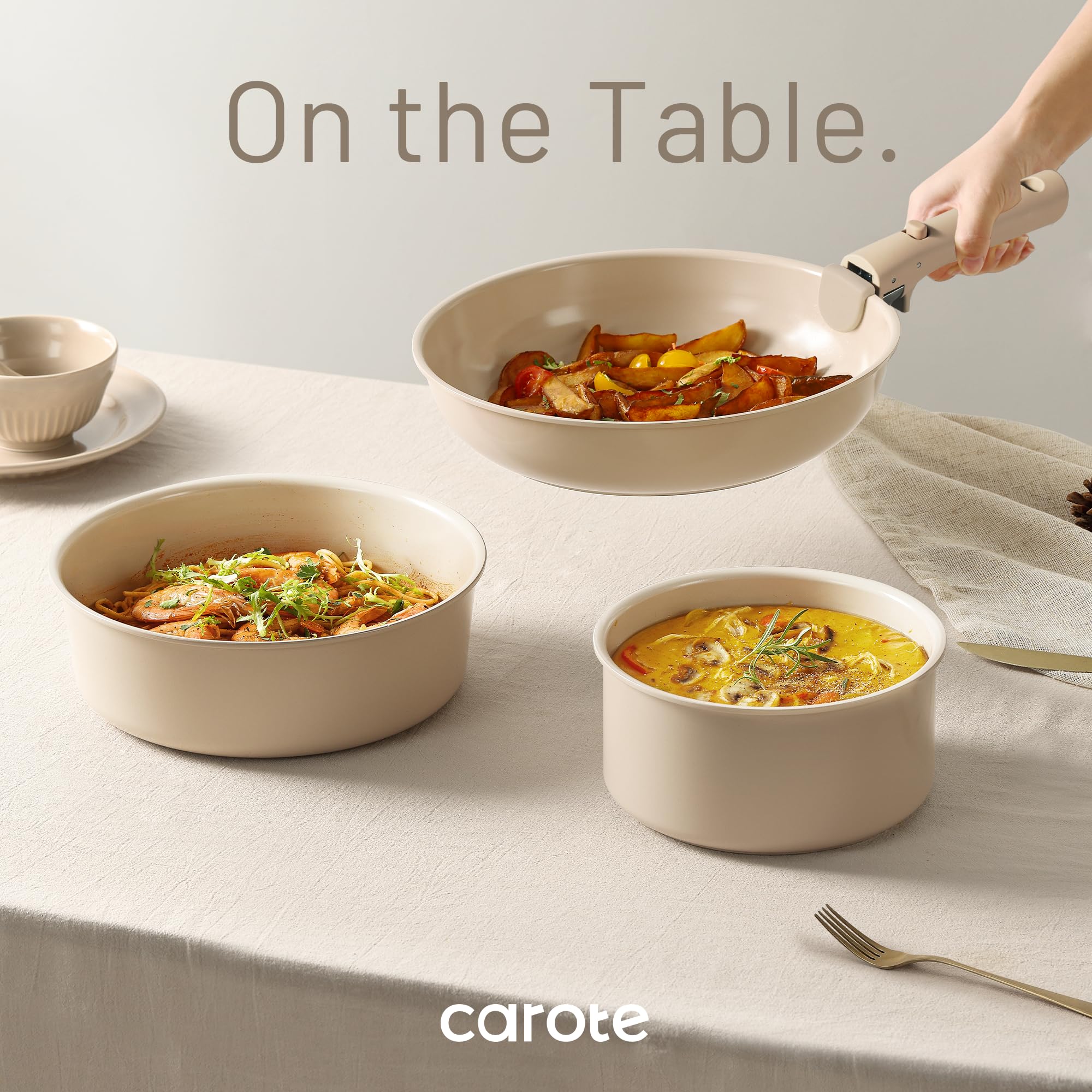 CAROTE 15-Piece Ceramic Nonstick Cookware Set - Induction Compatible Pots and Pans with Detachable Handles, Oven & Dishwasher Safe, Taupe - Perfect for RV, Apartment & Small Space Cooking