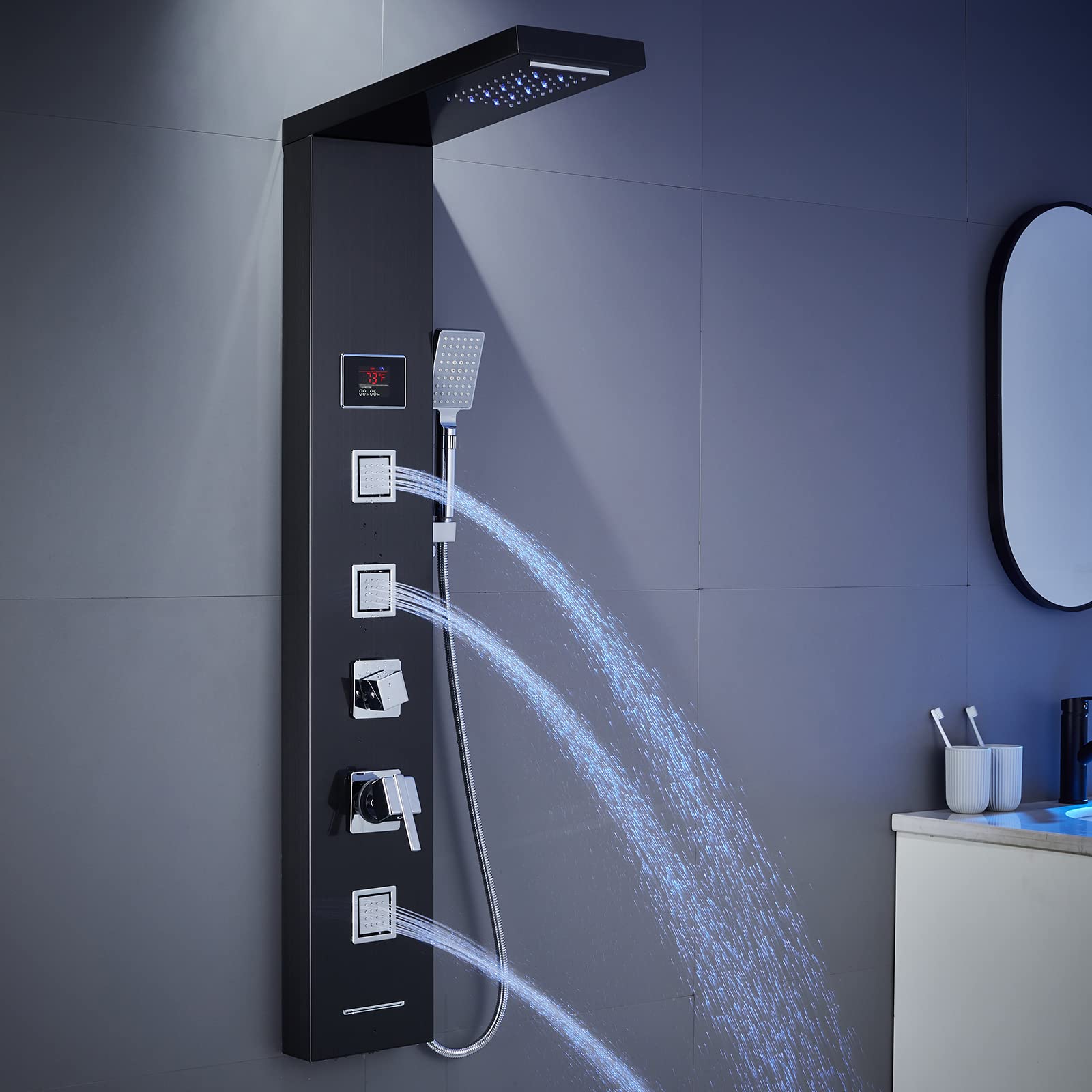 Premium LED Shower Panel Tower System - Black Stainless Steel 304 with 5-Function Rainfall, Waterfall & Body Jet Massage for Spa-Like Bathroom Experience | Perfect for Master Bathroom, Luxury Hotel & Wellness Center