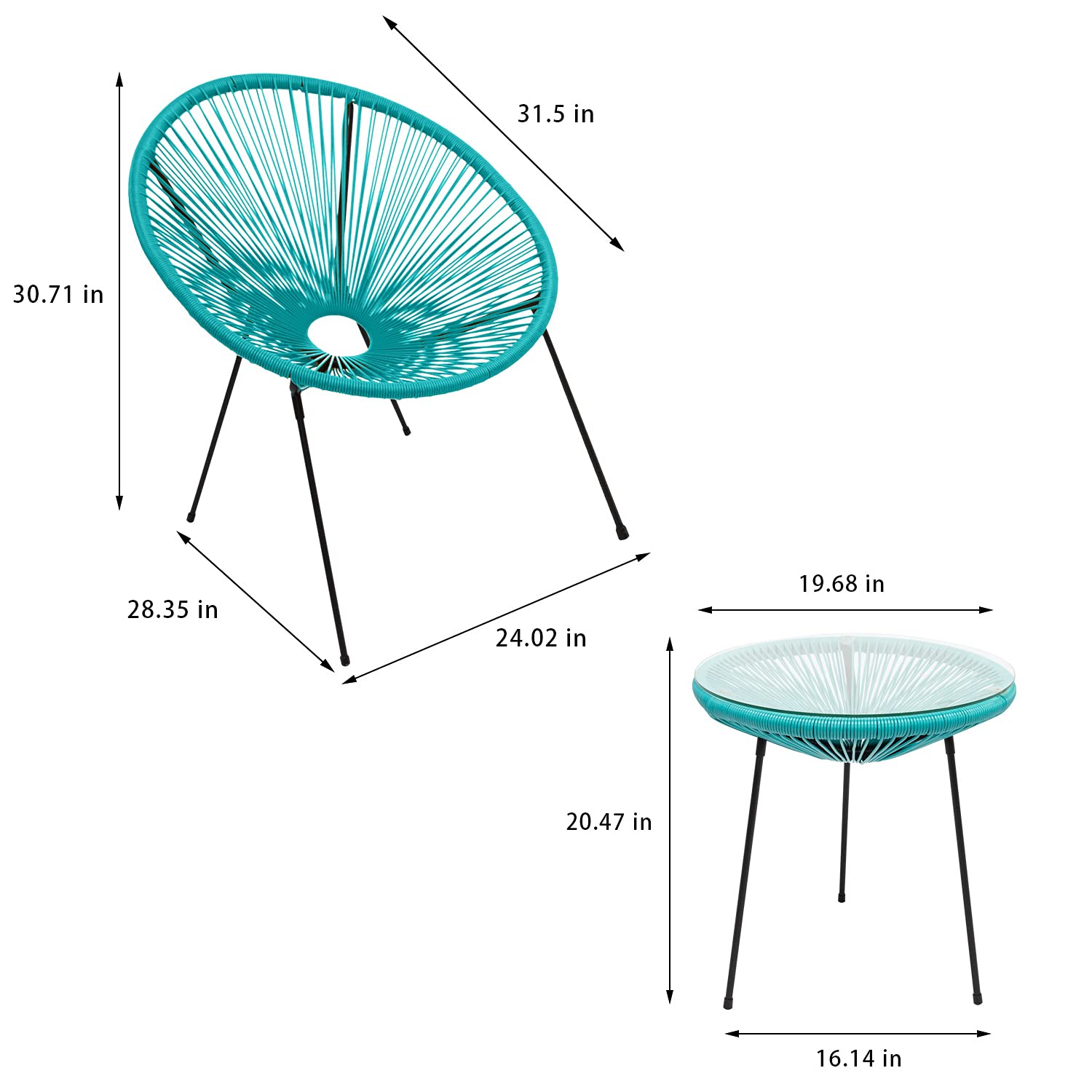 Modern 3-Piece Acapulco Chair Set - All-Weather Outdoor Patio Furniture with Plastic Rope Chairs & Tempered Glass Table - Indoor/Outdoor Use (Blue, 24.02