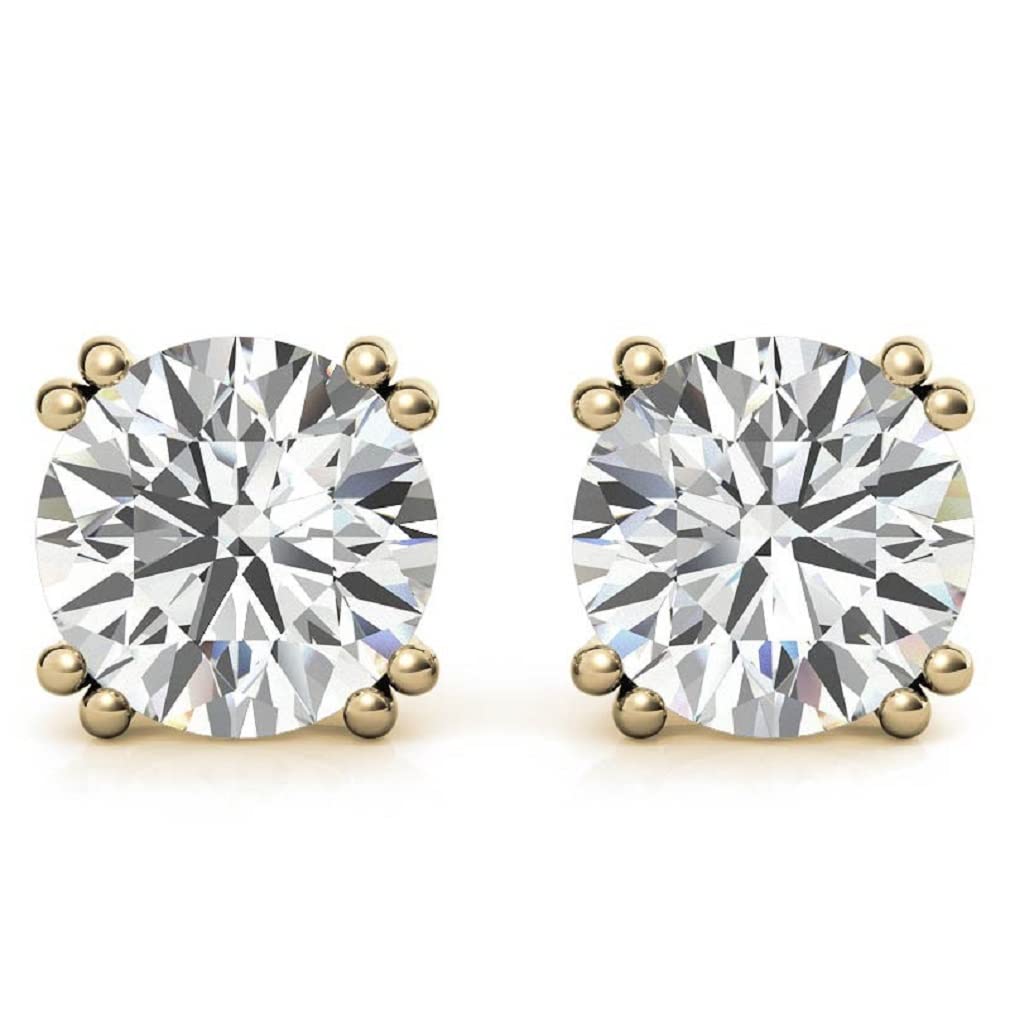 14K/18K Solid Yellow Gold Moissanite Stud Earrings for Women - 2.5 TCW Round Cut, Dual Prong Solitaire Diamond-Like Earrings - Bridal, Engagement & Anniversary Gift - Push/Screw Back Closure - Perfect for Weddings, Parties & Everyday Elegance