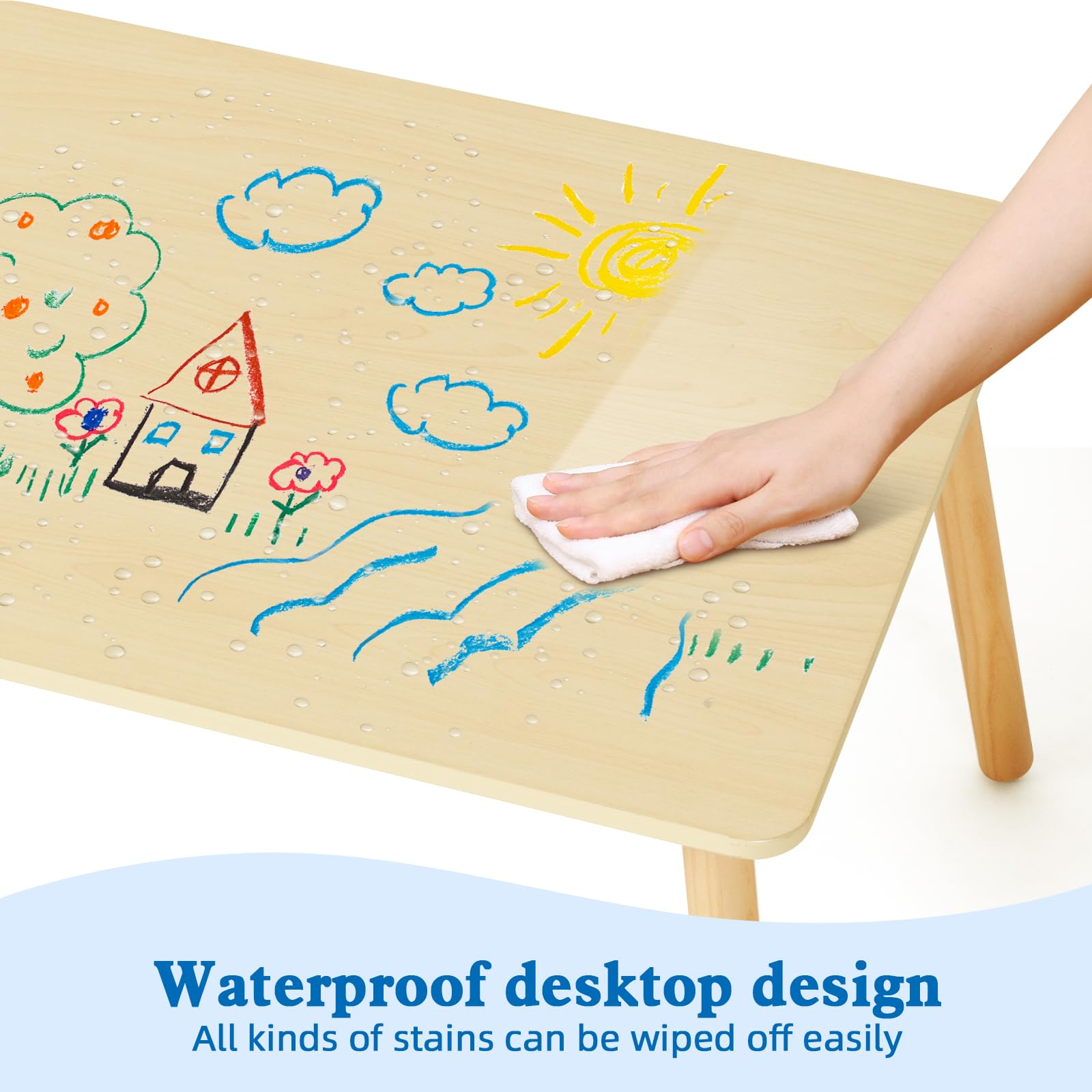 OOOK Wooden Kids Table and Chair Set - Waterproof Toddler Table with 2 Adorable Animal Chairs for Playroom, Preschool, and Home Learning Activities