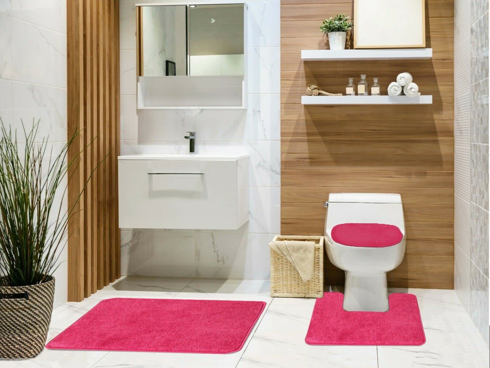 Kashi Tobin 3-Piece Bathroom Rug Set - Non-Slip Rubber Back, Water Absorbent Low Pile Floor Mats with Contour Rug & Toilet Lid Cover (Fuchsia) - Perfect for Bathroom Safety and Comfort