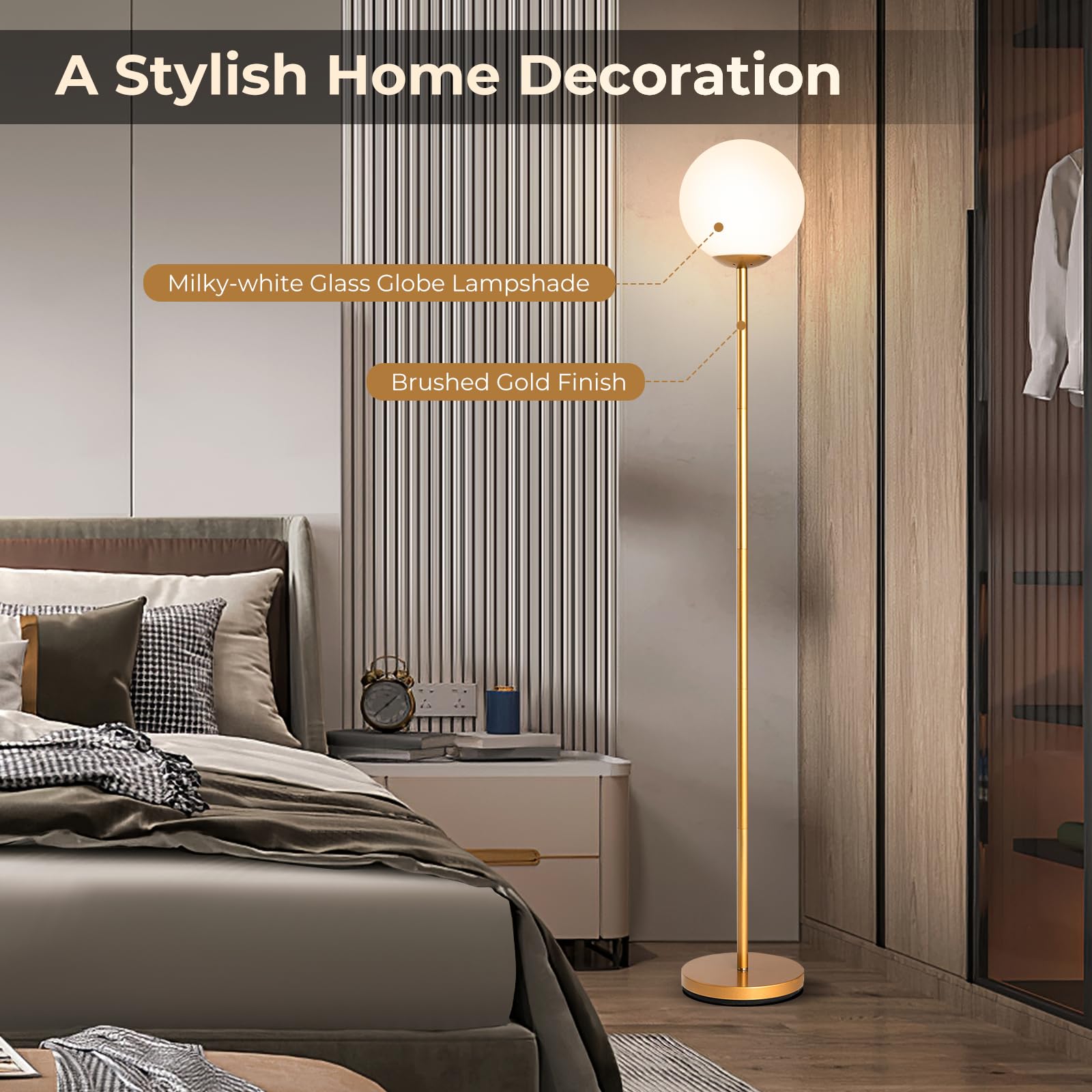 Tangkula Mid Century Modern Globe Floor Lamp - Gold Standing Light with Glass Shade for Living Room, Bedroom & Office - Tall Pole Light for Reading Nook, Lounge Area & Workspace (1-Globe)