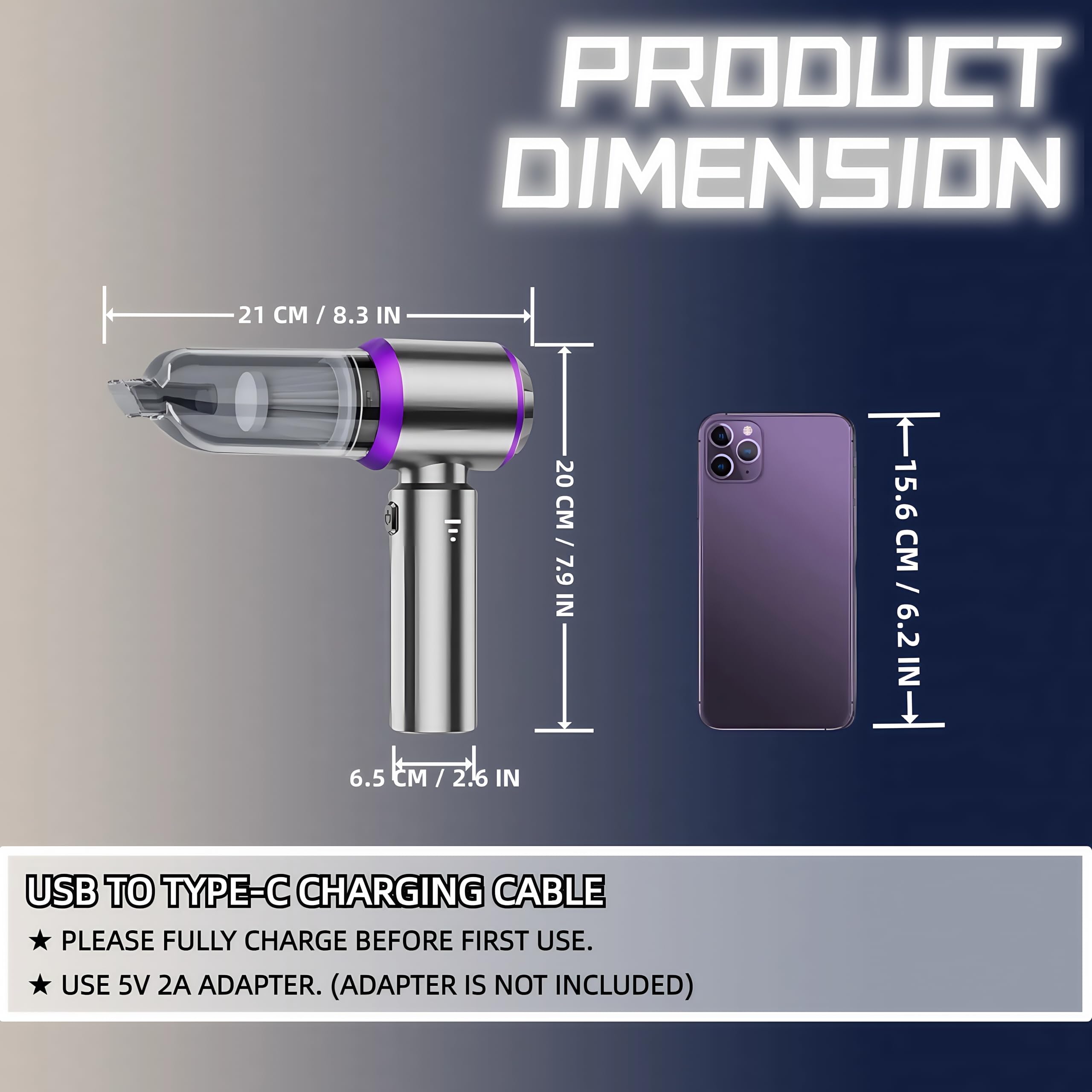 21000PA Rechargeable Cordless Handheld Car Vacuum Cleaner - High Power Mini Vacuum & Blower 2-in-1 with 3 Speed Modes, Brushless Motor for Car Detailing, Home Cleaning, Office & PC Maintenance | Perfect for Quick Spills, Pet Hair Removal & Dusting