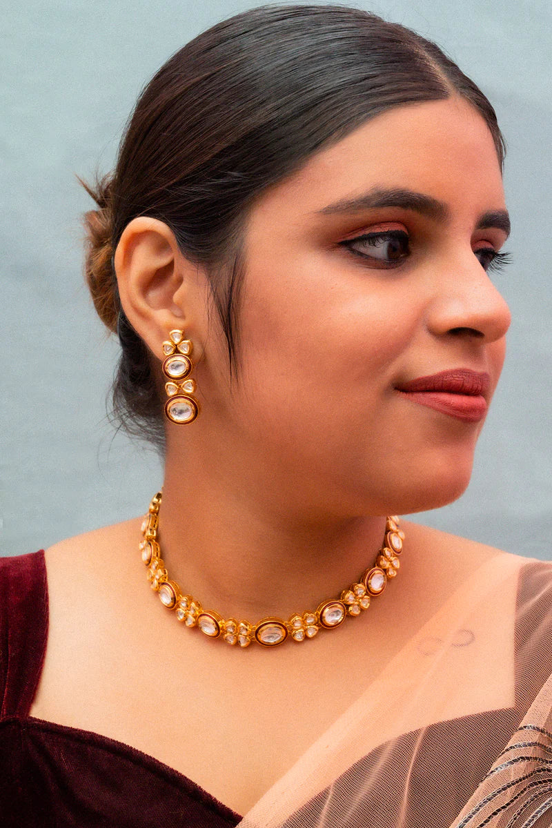 Luxury Gold Plated Royal Kundan Necklace and Earrings Set for Women - Indian Bridal Jewelry, Wedding Party Accessories, Ethnic Fashion Statement (D832)