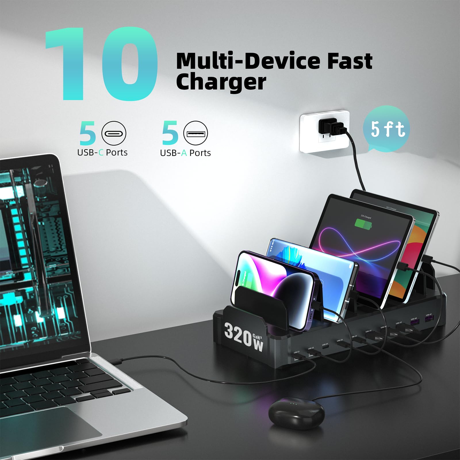 Zobirez 10-Port USB C Fast Charging Station 320W - Multi Device Charger for MacBook, iPhone, Android, iPad, Tablet - Family & Office Charging Dock (Black) | Perfect for Home, Travel & Workspace Organization