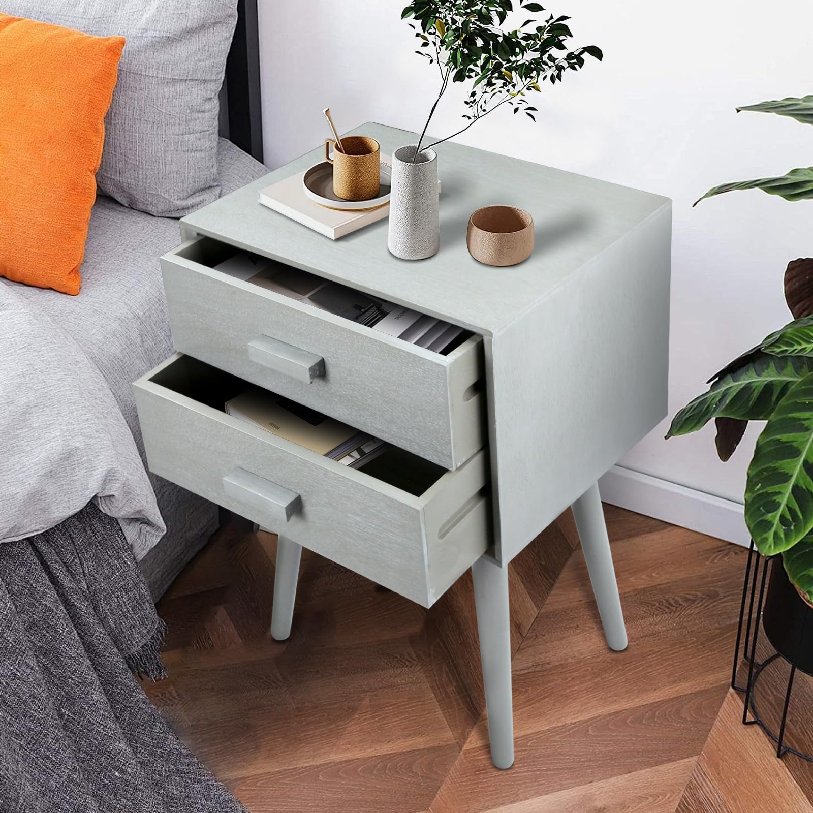 Urbanest Hartford Two Drawer Nightstand - Slate Grey Bedside Table with Storage for Bedroom, Living Room & Small Spaces