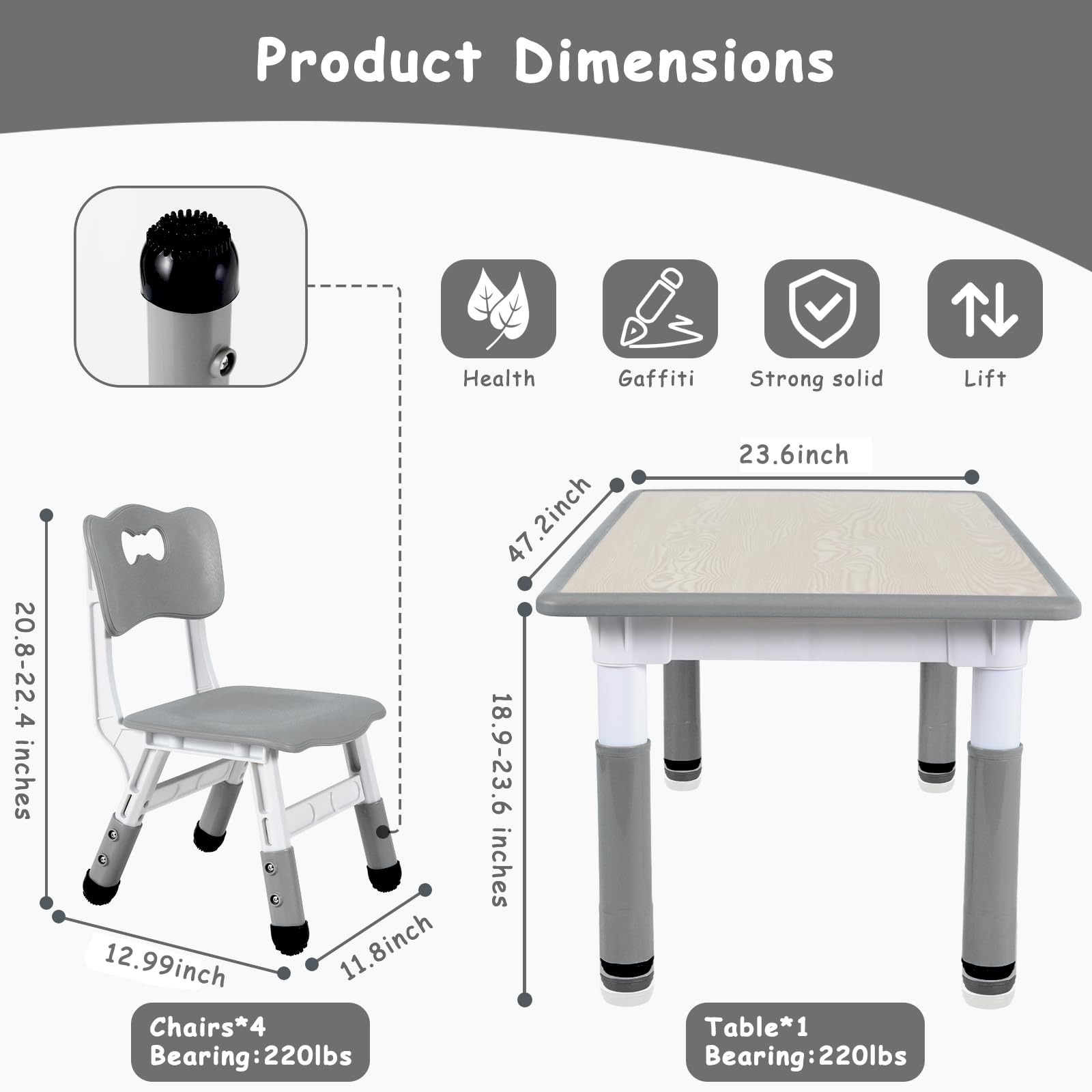 Arlopu Adjustable Height Kids Table and 4 Chair Set - Non-Slip Toddler Activity Table with Graffiti-Proof Desktop - Perfect for Reading, Arts & Crafts, Daycare, Classroom and Home Use (Grey)