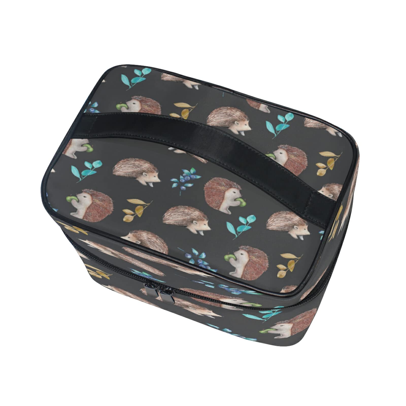 Cute Hedgehog & Blueberry Pattern Cosmetic Bag - Travel Makeup Organizer with Handle & Zipper for Women & Girls - Perfect for Travel, Gym, and Daily Makeup Storage