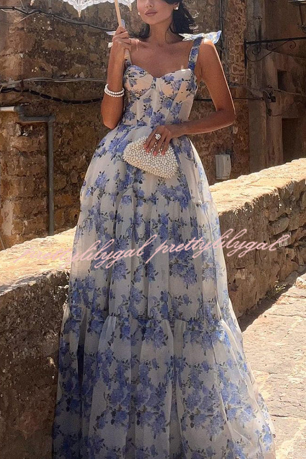 Fairytale Itself Organza Floral Print Tie Strap Maxi Dress - Elegant Summer Wedding Guest Dress for Beach Parties & Formal Occasions