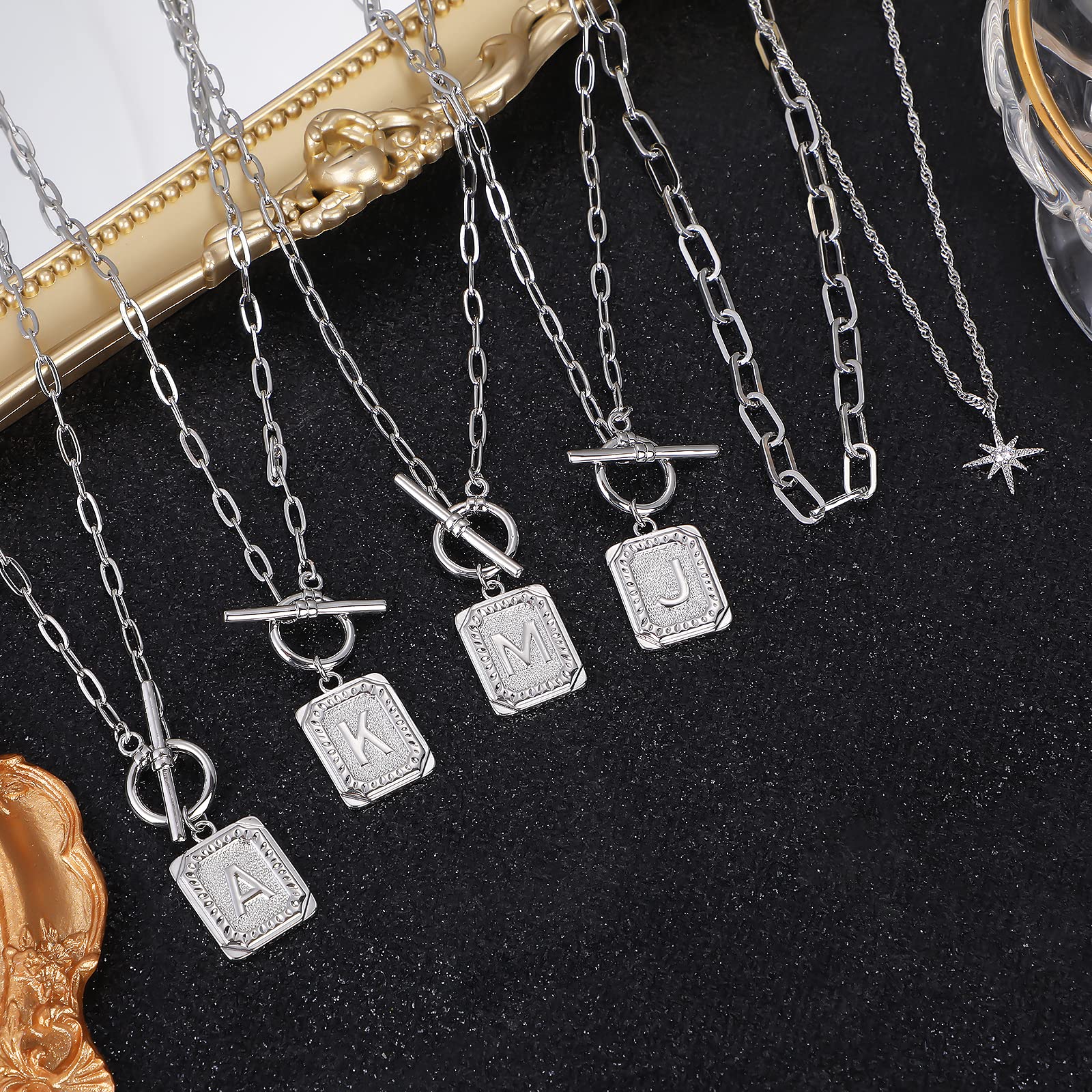 MJartoria 14K Gold Plated Layered Initial Necklace for Women - Trendy Star Choker with Square Letter Pendant & Paperclip Chain - Elegant Gold Necklace Jewelry Gift for Her - Perfect for Everyday Wear, Date Nights & Special Occasions