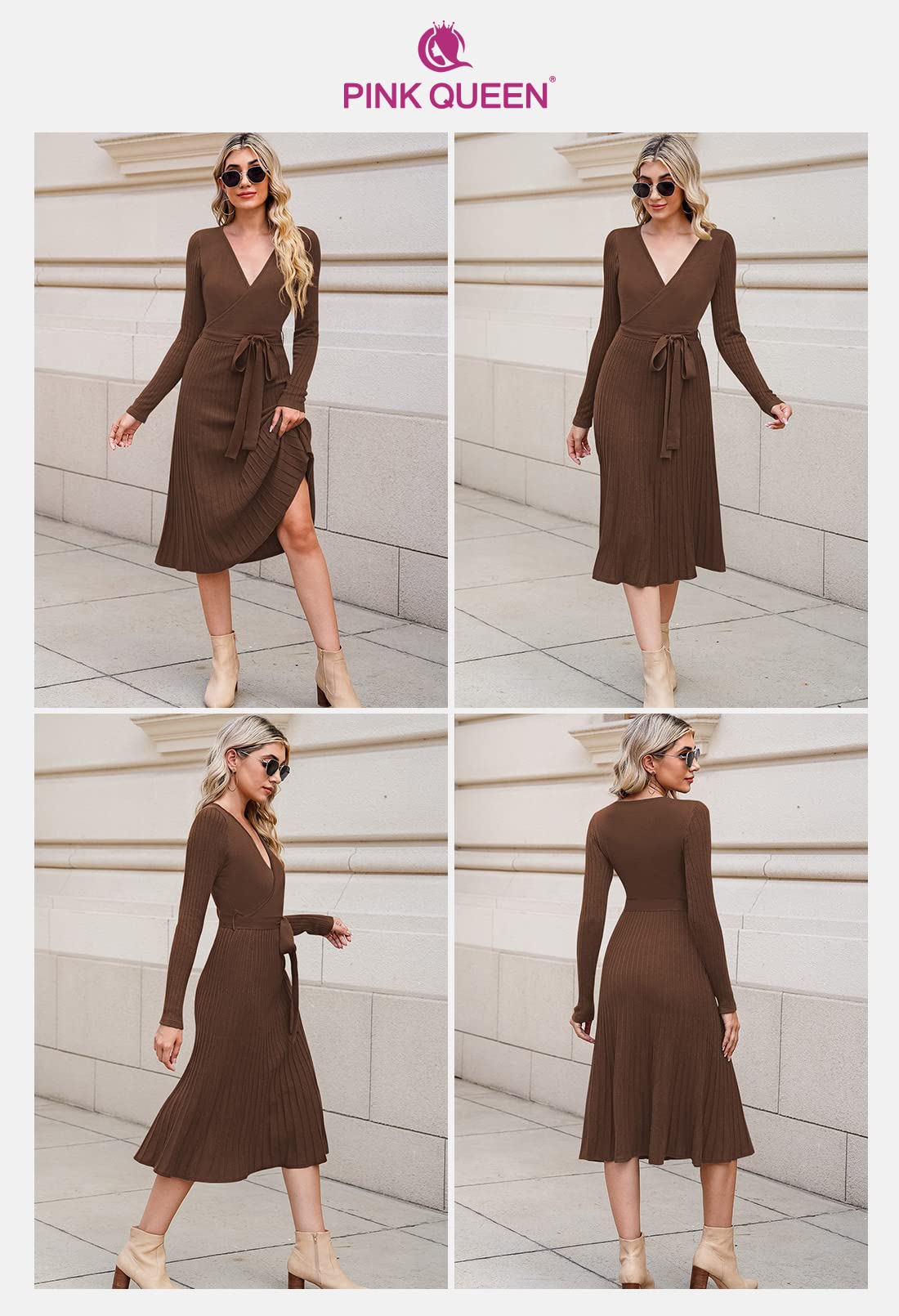 Pink Queen Women's Wrap Sweater Dress - V Neck Long Sleeve Ribbed Knit Midi Dress with Belt | Casual Office Wear, Fall Winter Fashion, Date Night Outfit