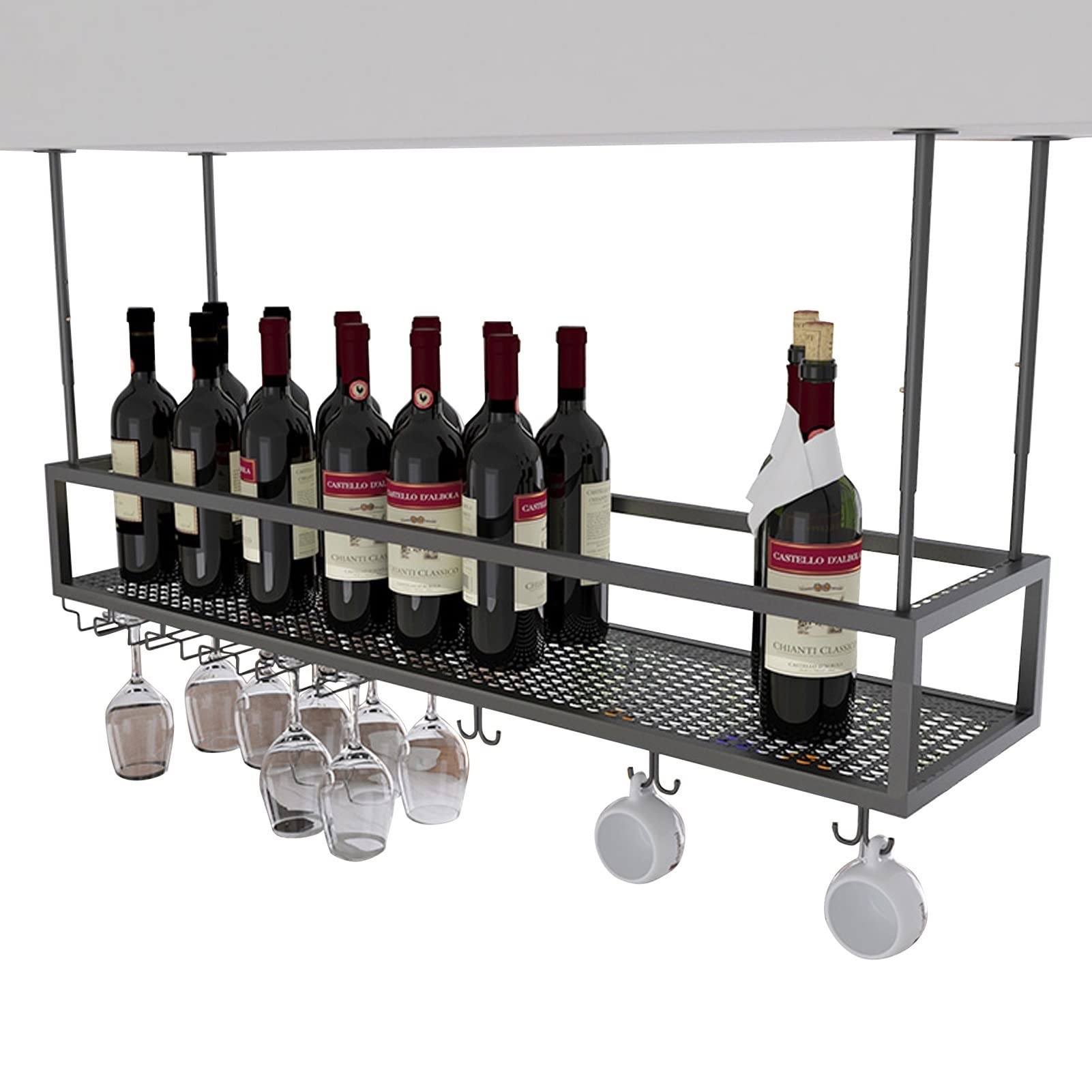 Industrial Black Ceiling Hanging Wine Rack - 120x25x21cm Stemware Glass Holder with Storage Shelf for Wine Bottles | Upside Down Wine Display for Kitchen, Bar & Dining Room Decor