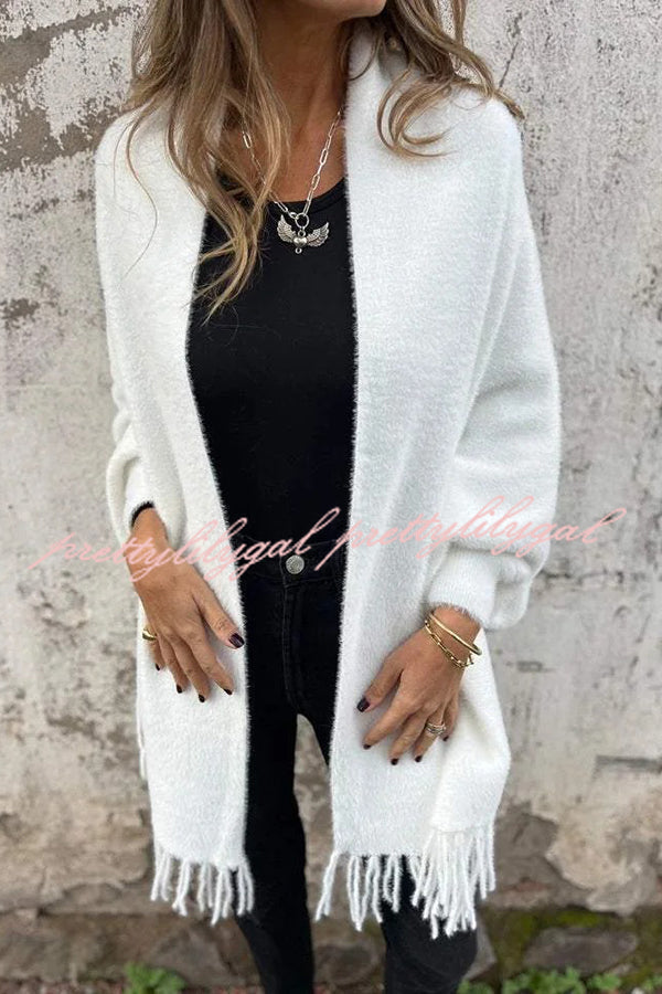 Cozy Knit Plush Tassel Trim Relaxed Shawl Cardigan for Women - Soft Warm Winter Wrap Sweater for Lounge, Travel & Casual Outfits