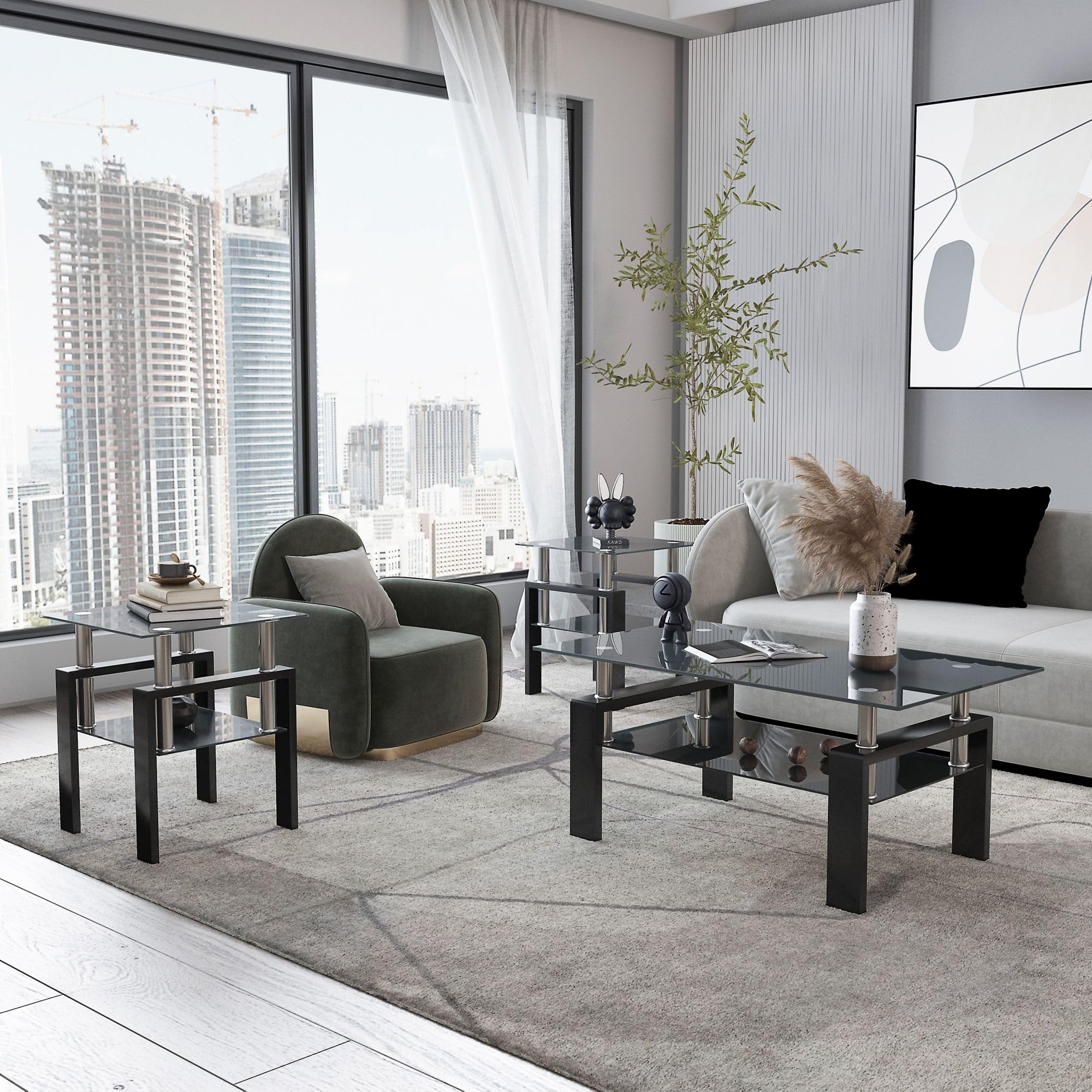 IANIYA 3-Piece Modern Tempered Glass Coffee Table Set - Black Living Room Furniture with Sleek Design & High Capacity - Perfect for Small Spaces, Apartments, and Contemporary Home Decor