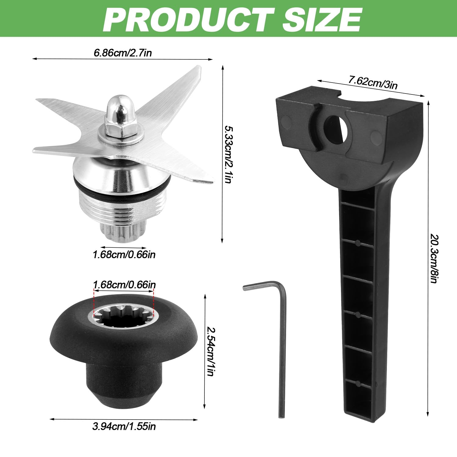 Vitamix Blender Blade Replacement for 64oz & 32oz Containers - Stainless Steel & Plastic Blender Blade Assembly with Drive Socket Kit & Wrenches (Black, Silver) - Perfect for Smoothies, Soups & Food Prep