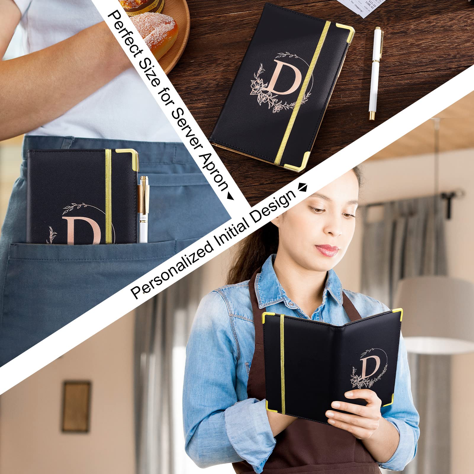 Professional Server Book for Waitresses - PU Leather Alphabet Waitress Book with Zipper Pocket, Black Waiter Notebook for Restaurant Staff (Fits Server Apron, Perfect for Order Taking & Tip Tracking)