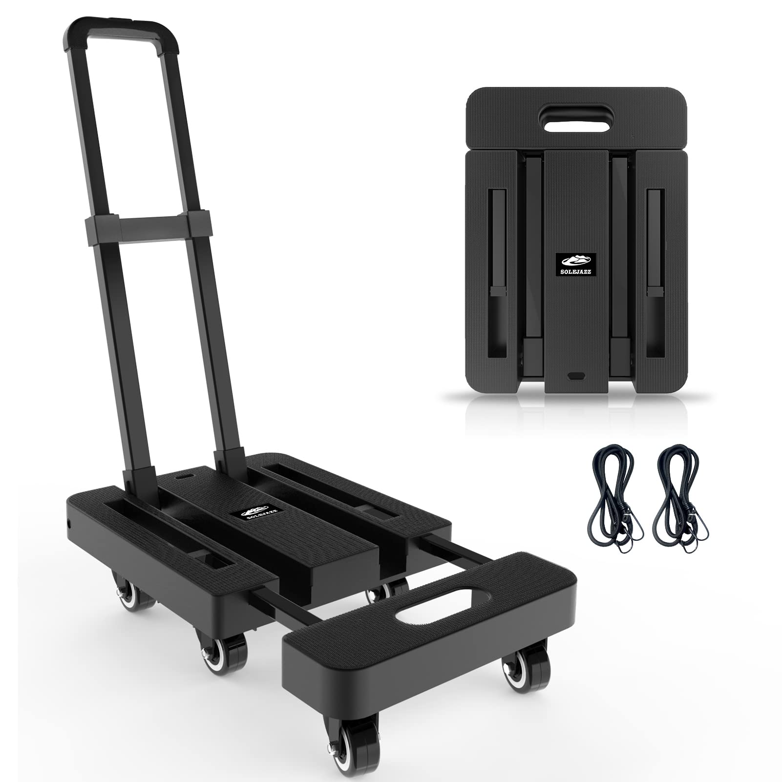 SOLEJAZZ Heavy Duty Folding Hand Truck Dolly - 500LB Capacity 6-Wheel Portable Luggage Cart with 2 Bungee Cords - Ideal for Travel, Moving, Shopping & Office Use - Perfect for Airports, Warehouses, Retail Stores & Home Moving (Black)