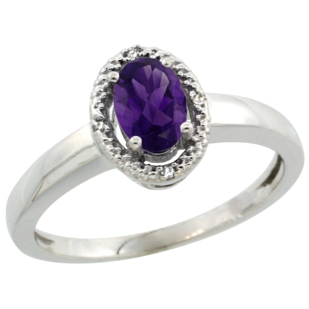 10K White Gold Diamond Halo Genuine Amethyst Engagement Ring - Oval 6X4mm, Sizes 5-10 - Perfect for Proposals, Anniversaries & Special Occasions