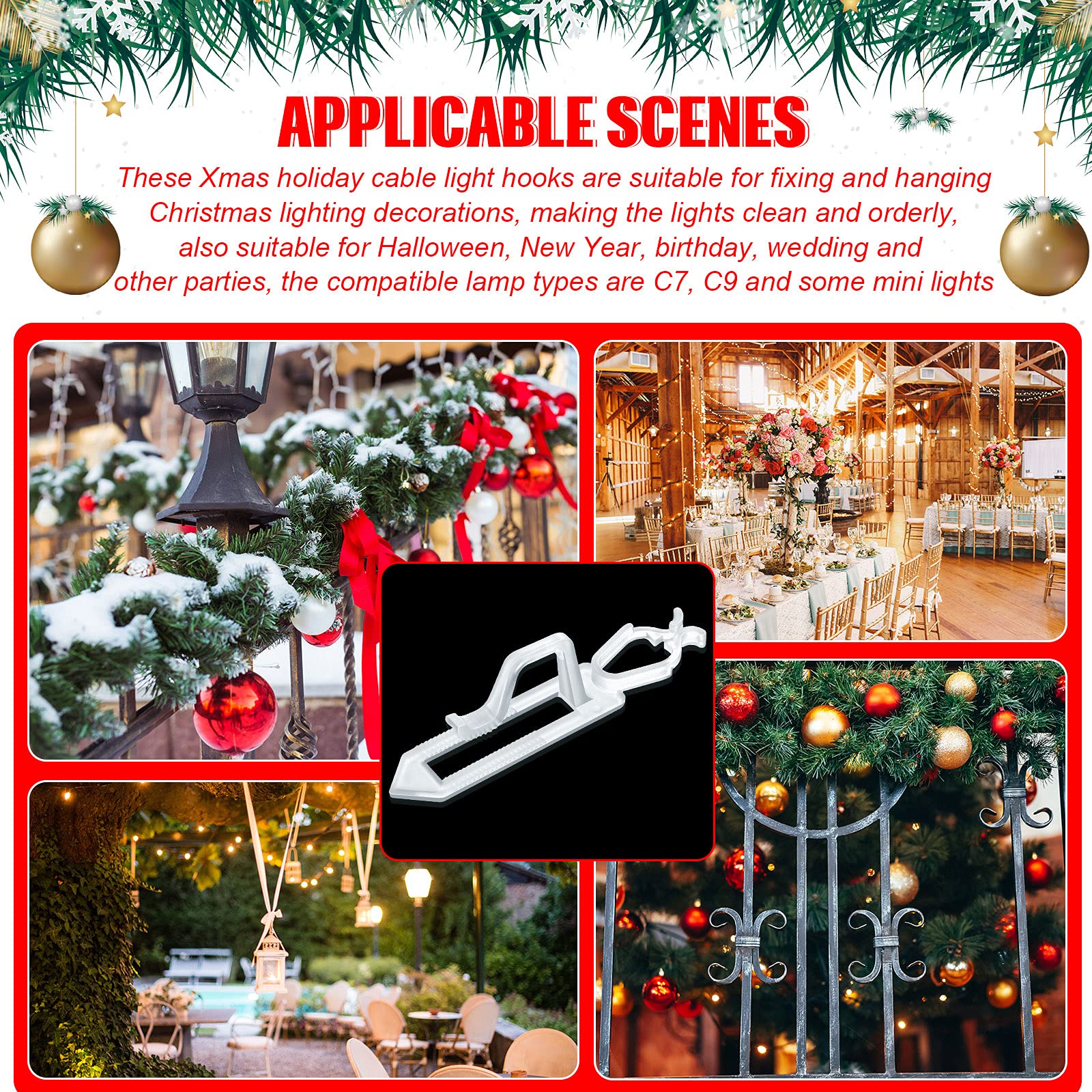 Maitys 100-Piece White Plastic Outdoor Christmas Light Clips - Gutter Hooks for C7, C9 & LED Rope Lights - Durable Roof Shingle & Icicle Light Hangers - Perfect for Holiday Decorations, House Trim & Festive Outdoor Lighting Displays