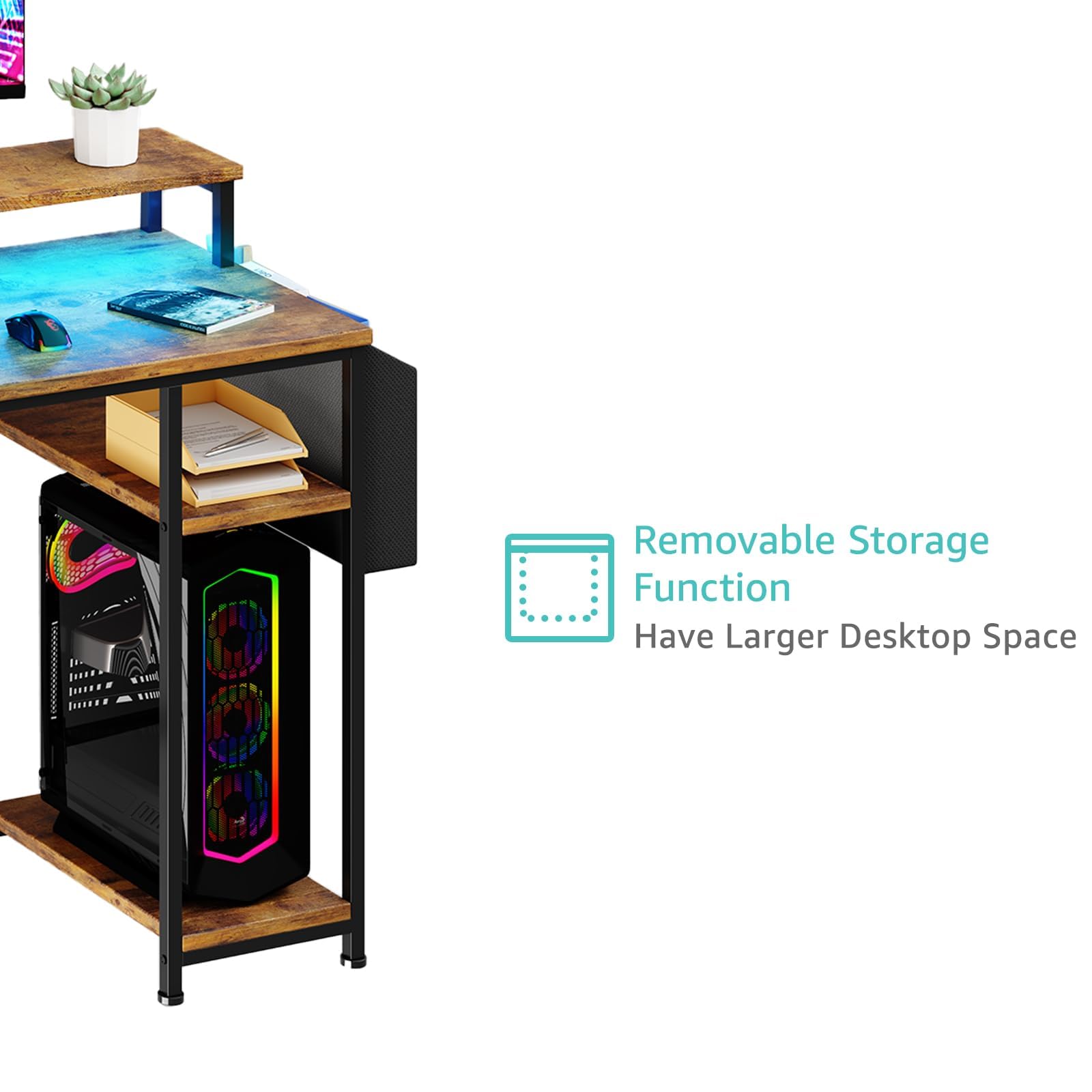 55 Inch Rustic Brown Computer Desk with Fabric File Drawers & LED Lights - Home Office Desk with Shelves, Monitor Stand & Power Outlets - Perfect for Study, Writing, Gaming & Bedroom Workspace