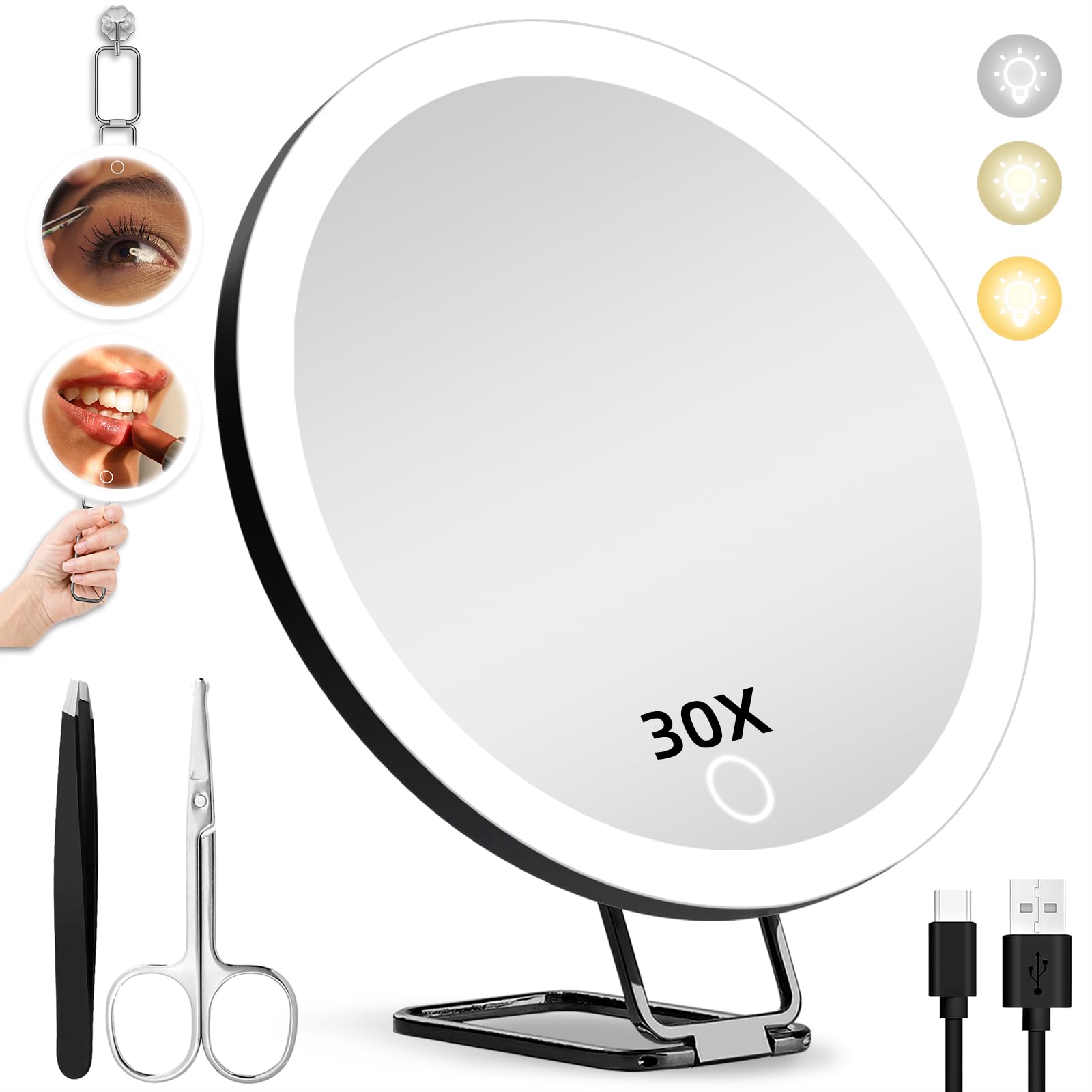 30X Magnifying Mirror with LED Light - 6'' Large Makeup Mirror for Travel & Home Use - High Magnification Compact Mirror with Adjustable Stand & 3 Suction Cups - Perfect for Makeup Application, Skincare Routine, Shaving, and Detailed Grooming
