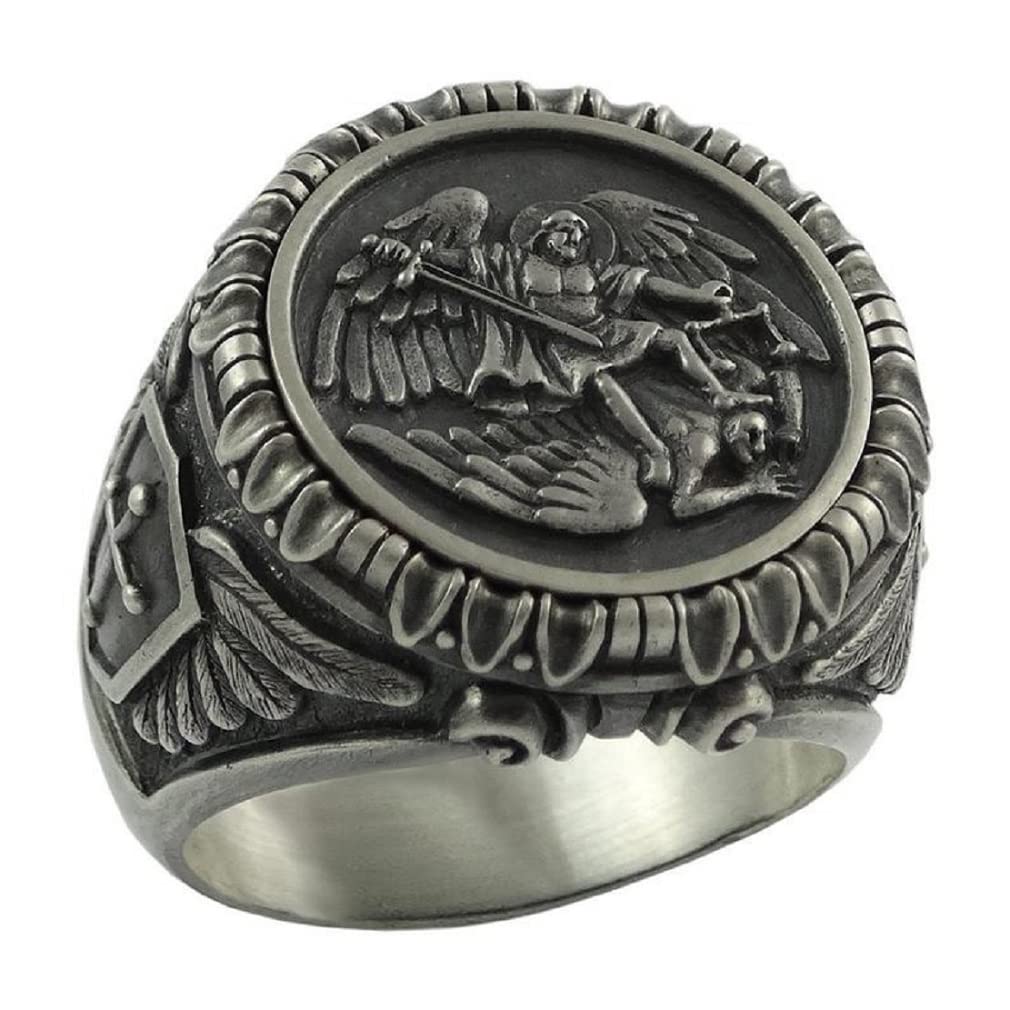 St. Michael Ring for Men - Vintage Cross Shield Ring with Viking Angel Wings Design | Religious Amulet Jewelry | Punk Christian Faith Gift for Men & Boys (Size T1/2) - Perfect for Daily Wear, Church Events & Spiritual Protection