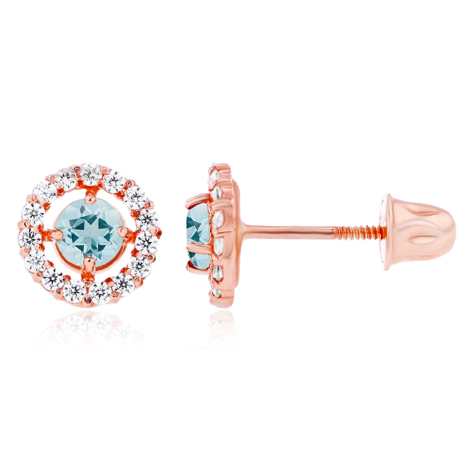 14K Solid Gold 6mm Halo Natural Birthstone Screwback Stud Earrings for Women | 3mm Round Birthstone | 1mm White Sapphire Halo Earrings | Perfect for Birthdays, Anniversaries & Everyday Elegance