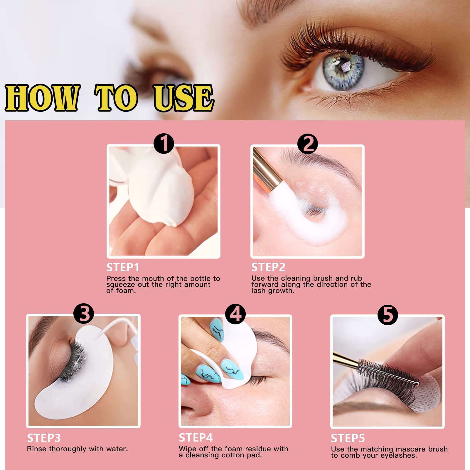 3.38OZ Eyelash Extension Cleanser & Lash Shampoo with USB Mini Portable Fan - Rechargeable Electric Handheld Cooling Fan & Lash Wash Brush Kit (Pink) - Perfect for Salon, Travel & Home Lash Care