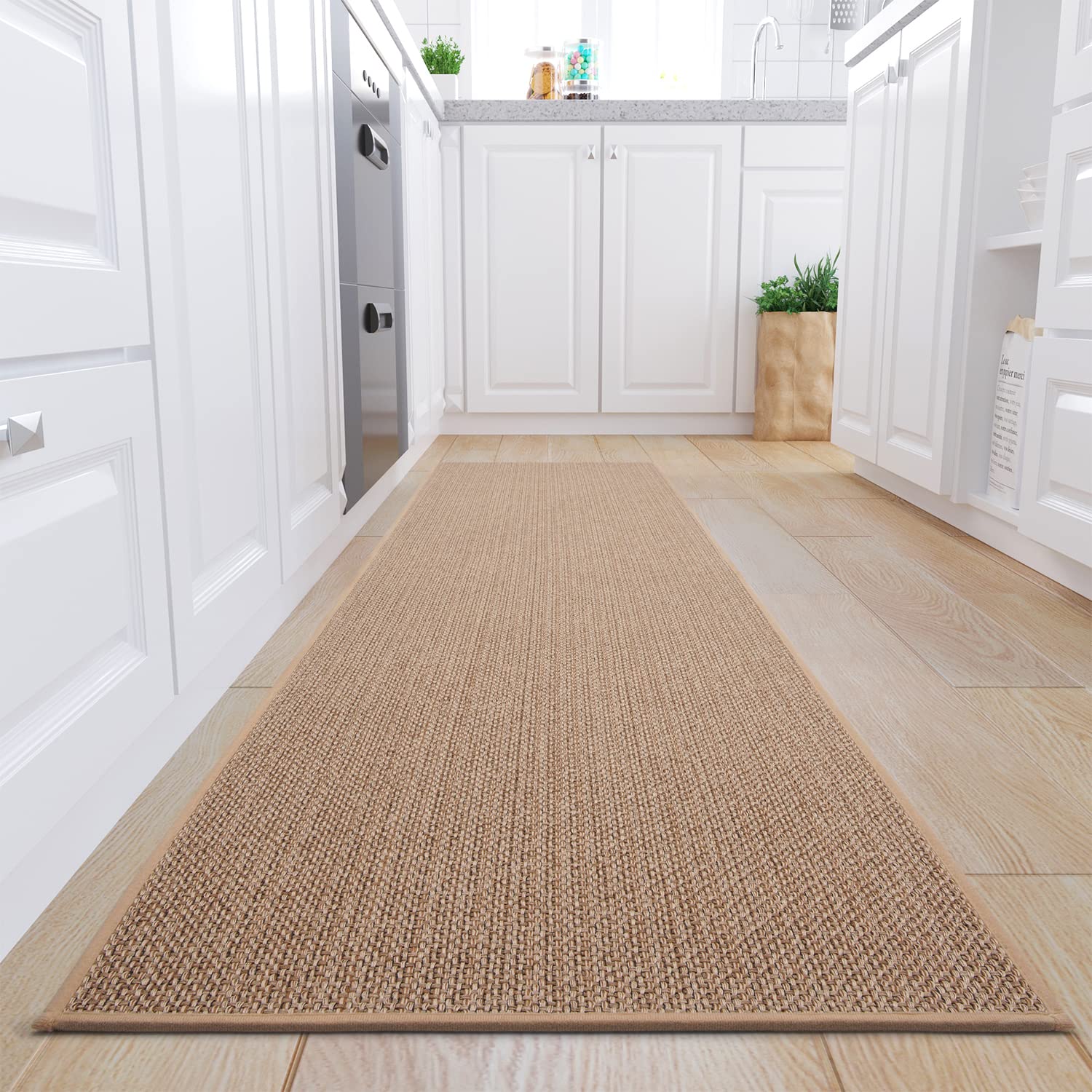 Non-Slip Washable Kitchen Runner Rug 1.6' x 8' - Anti-Skid Hallway Carpet for Kitchen Floor, Sink Front, Entryway - Beige Runner Mat for Home, Office & High Traffic Areas